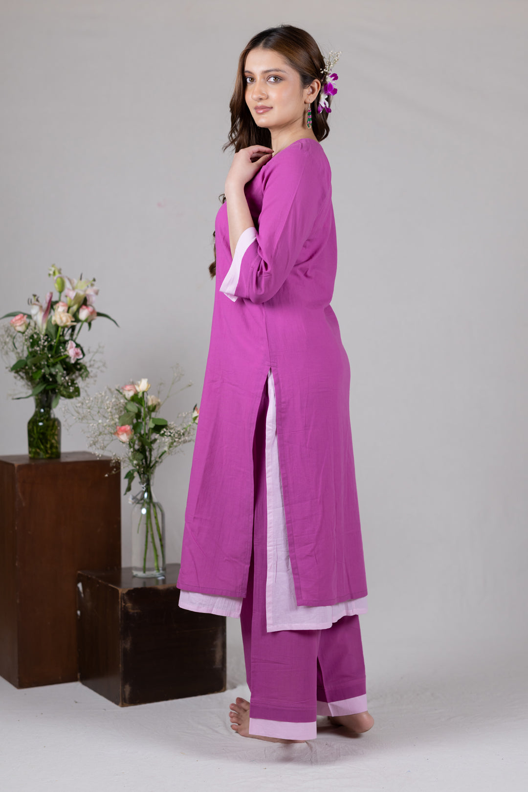 Layered Kurta Cord Set in Solid Pink for Women - Sahaj