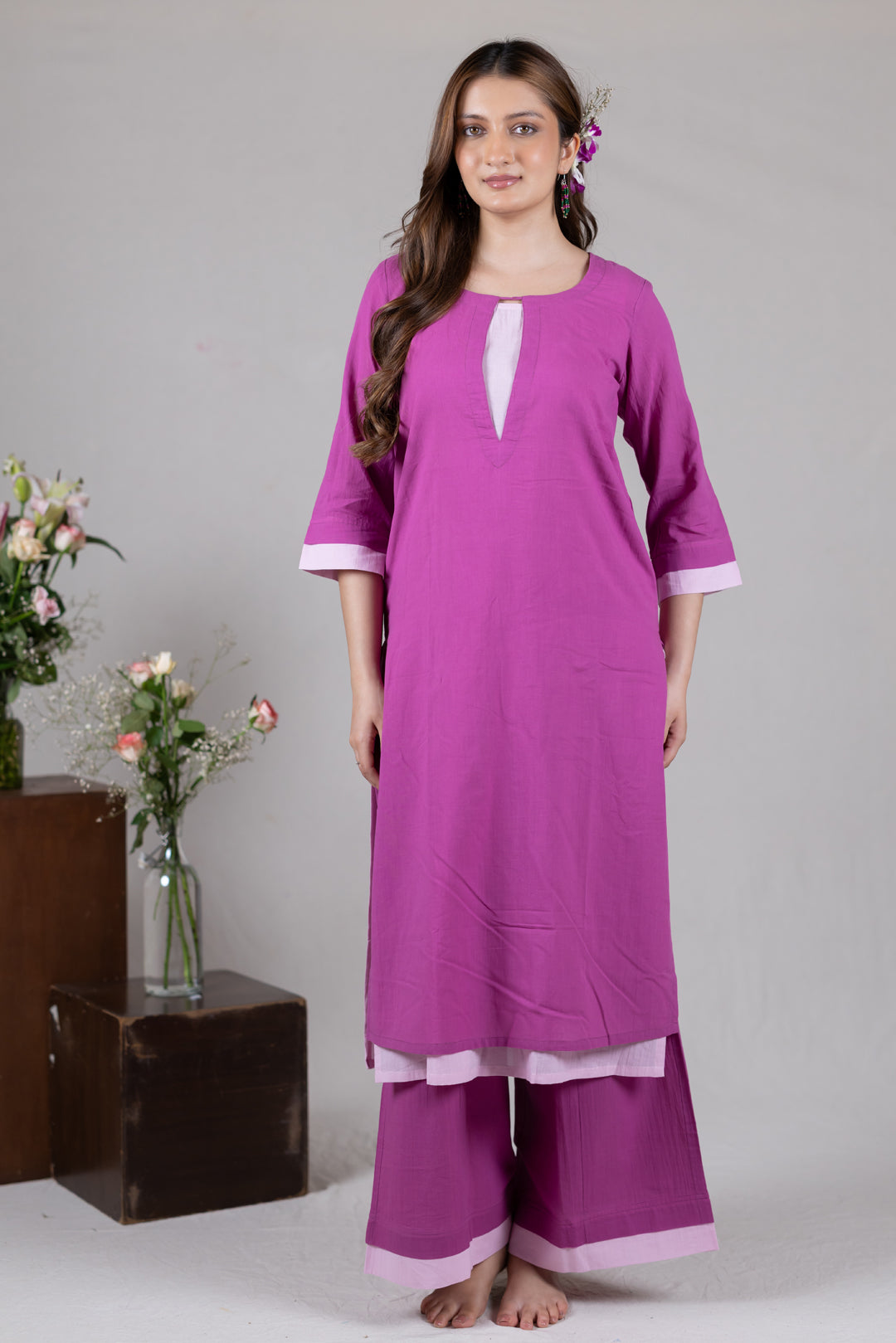 Layered Kurta Cord Set in Solid Pink for Women - Sahaj