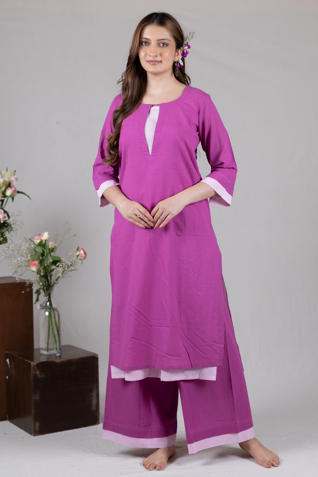 Layered Kurta Cord Set in Solid Pink for Women - Sahaj
