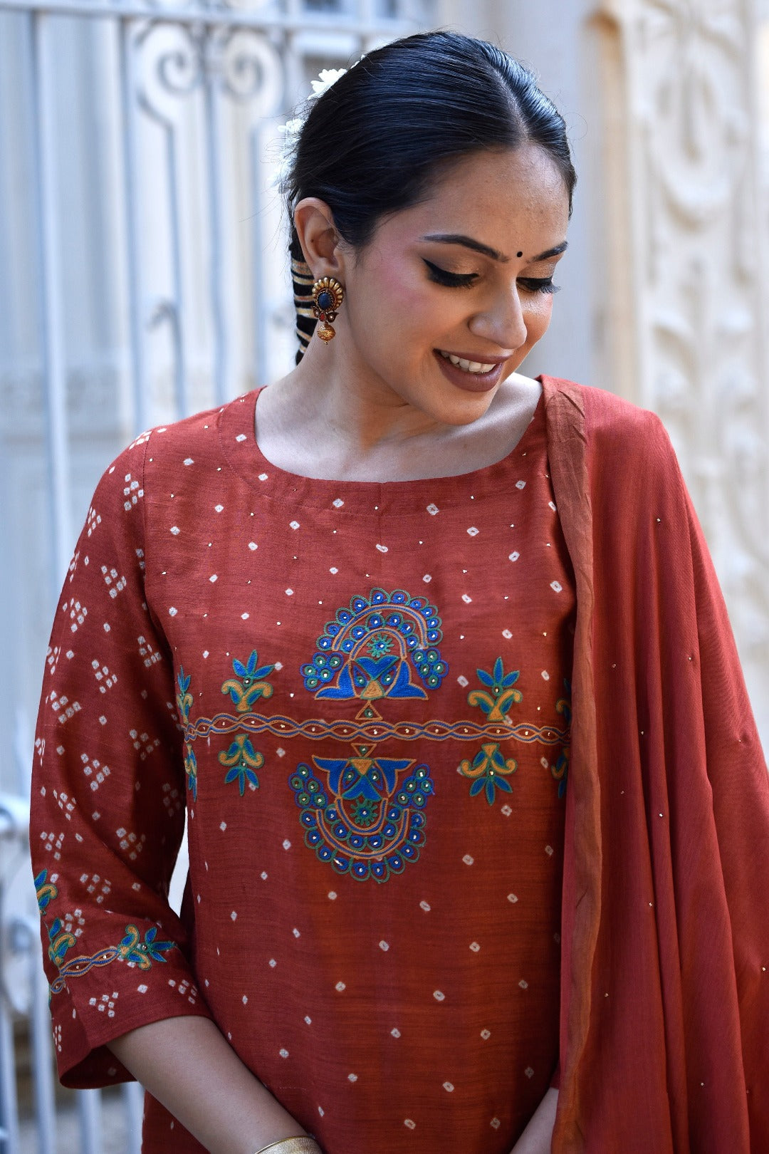 Sitara Rust Embroidered Munga Silk Kurta Bottom Dupatta Set | Ray Ethnic