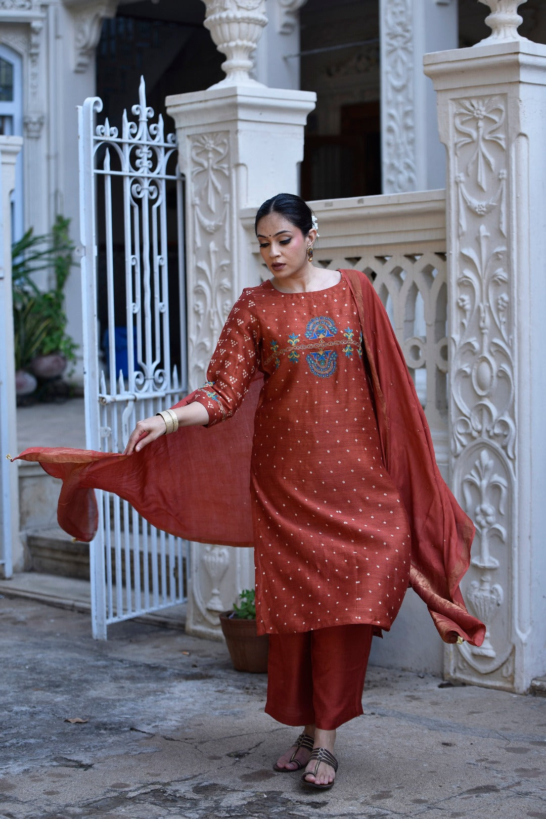 Sitara Rust Embroidered Munga Silk Kurta Bottom Dupatta Set | Ray Ethnic