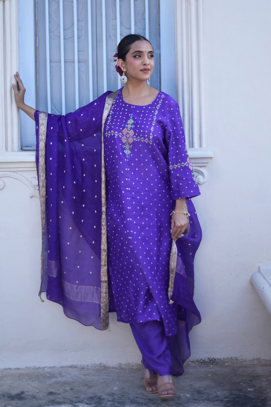 Sitara Purple Embroidered Munga Silk Kurta Bottom Dupatta Set | Ray Ethnic
