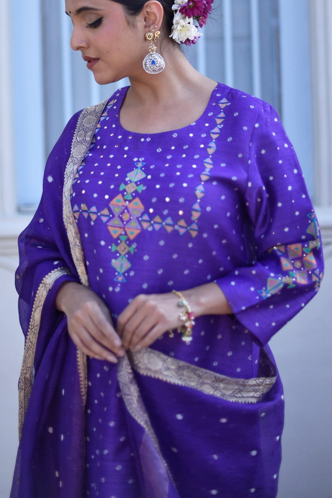 Sitara Purple Embroidered Munga Silk Kurta Bottom Dupatta Set | Ray Ethnic