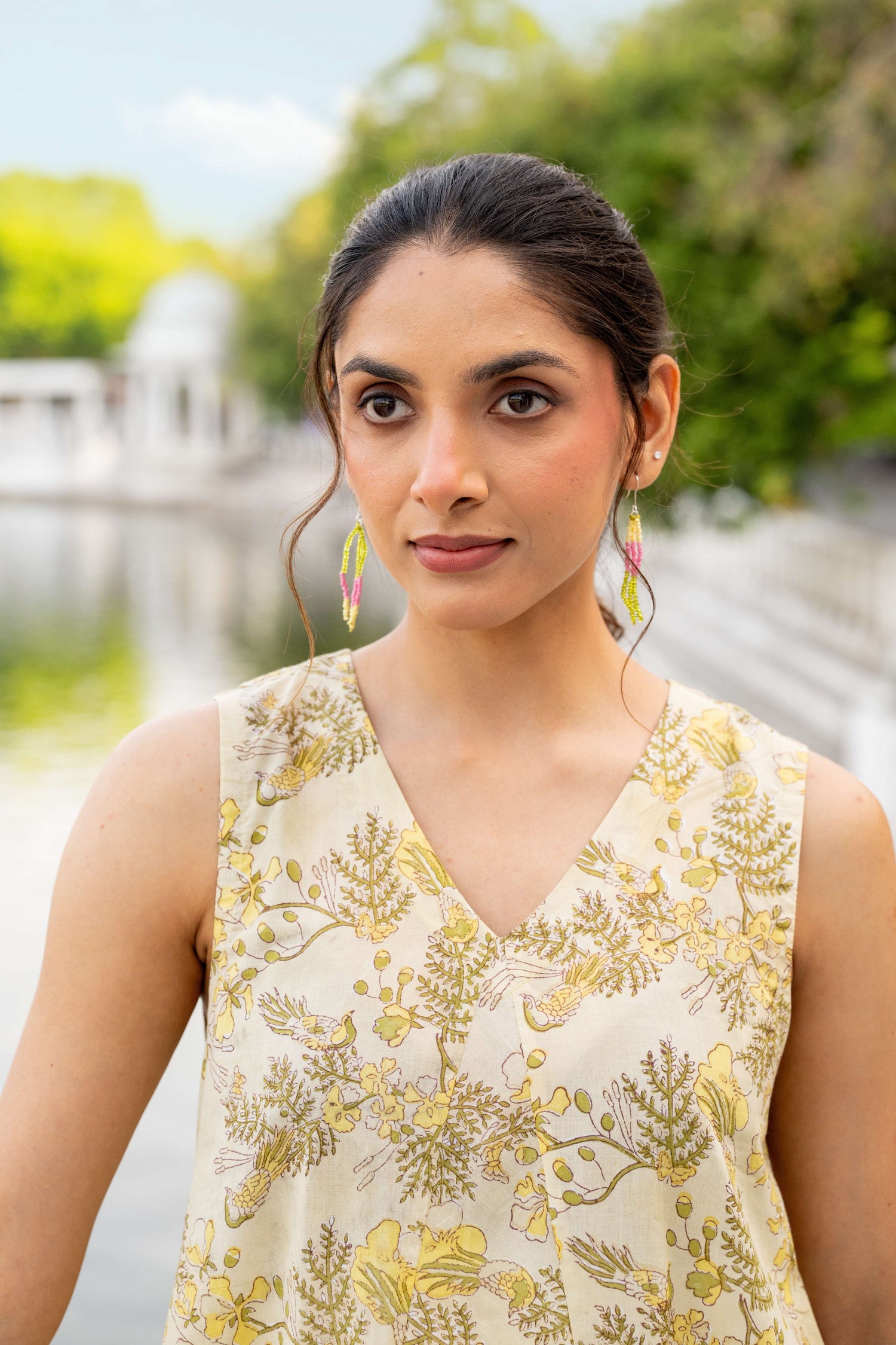 Floral Block Print V-Neck A-Line Dress with Pockets – Secret Garden