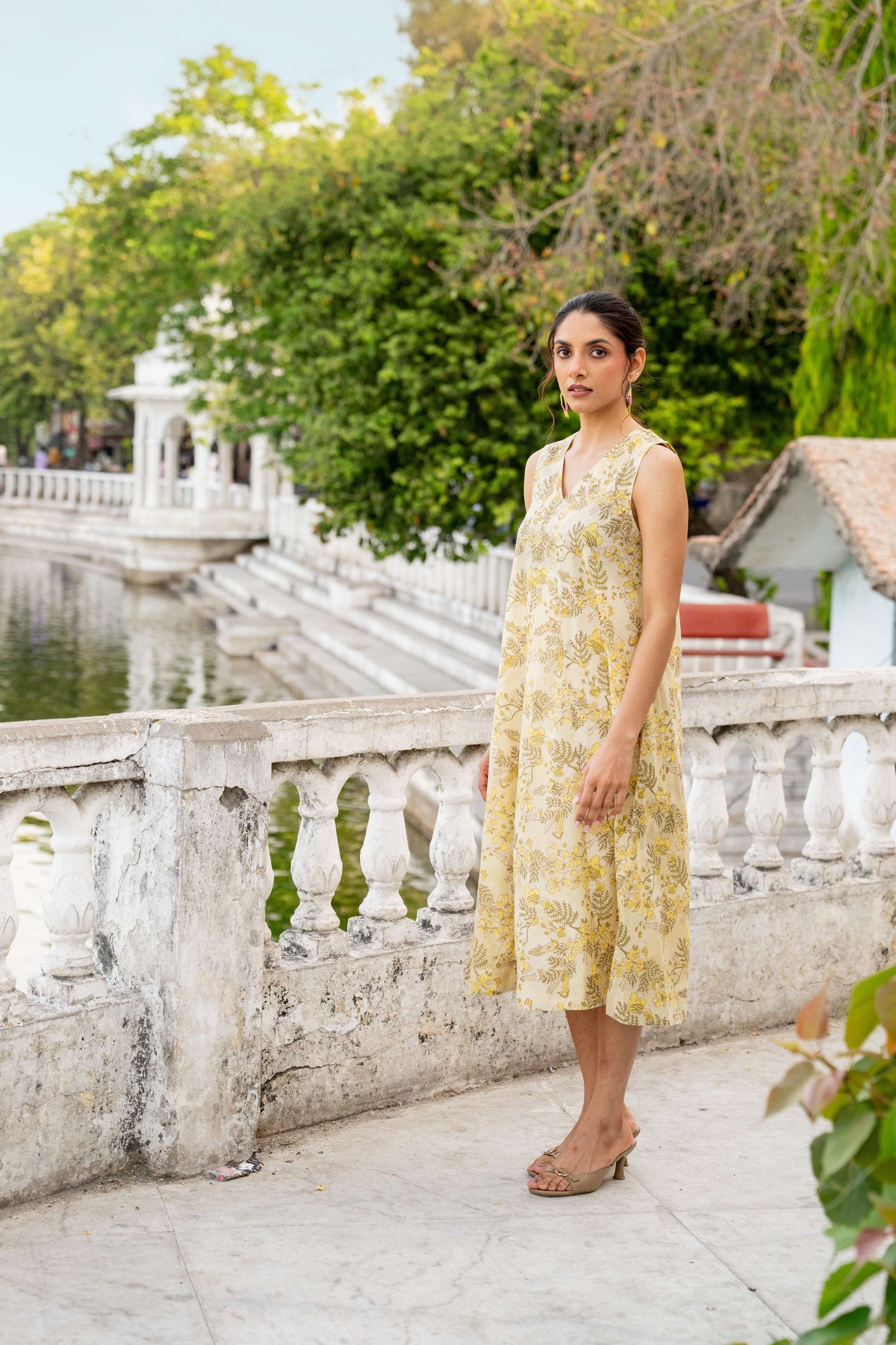 Floral Block Print V-Neck A-Line Dress with Pockets – Secret Garden