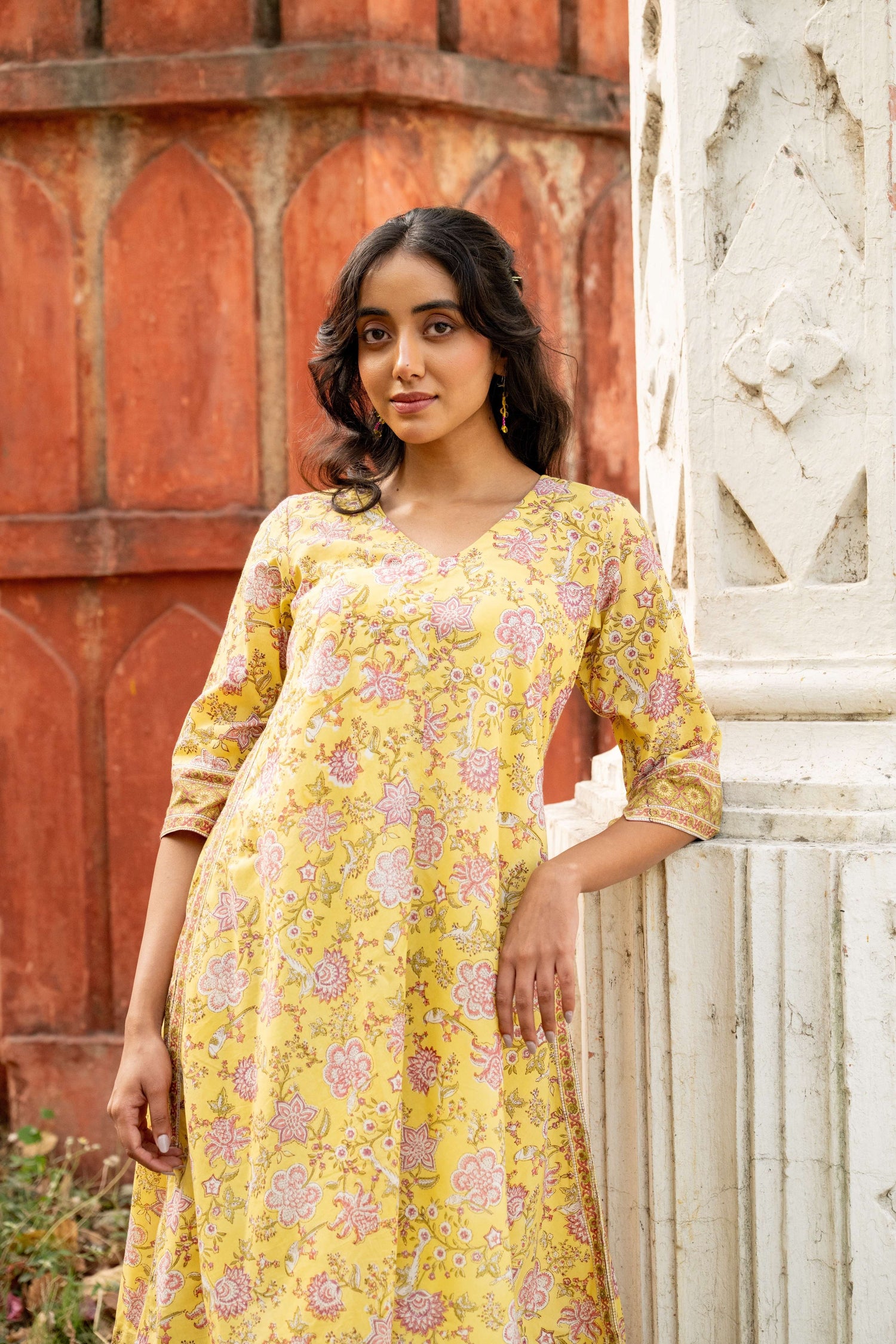 Yellow Block Print Mul Cotton 3/4 Sleeve Dress – Secret Garden