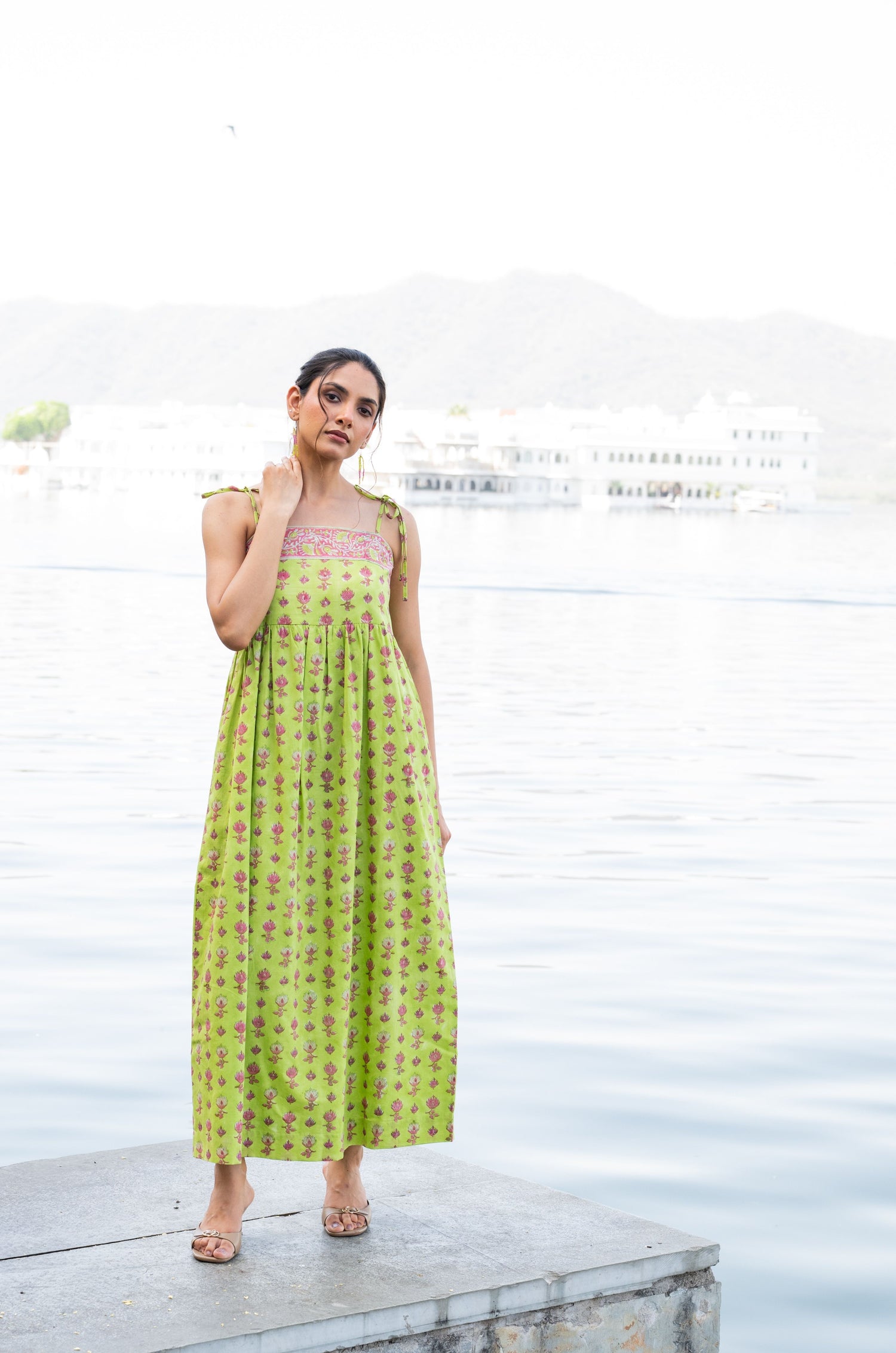 Light Green Mul Cotton Block Print Sleeveless Flowy Dress – Secret Garden