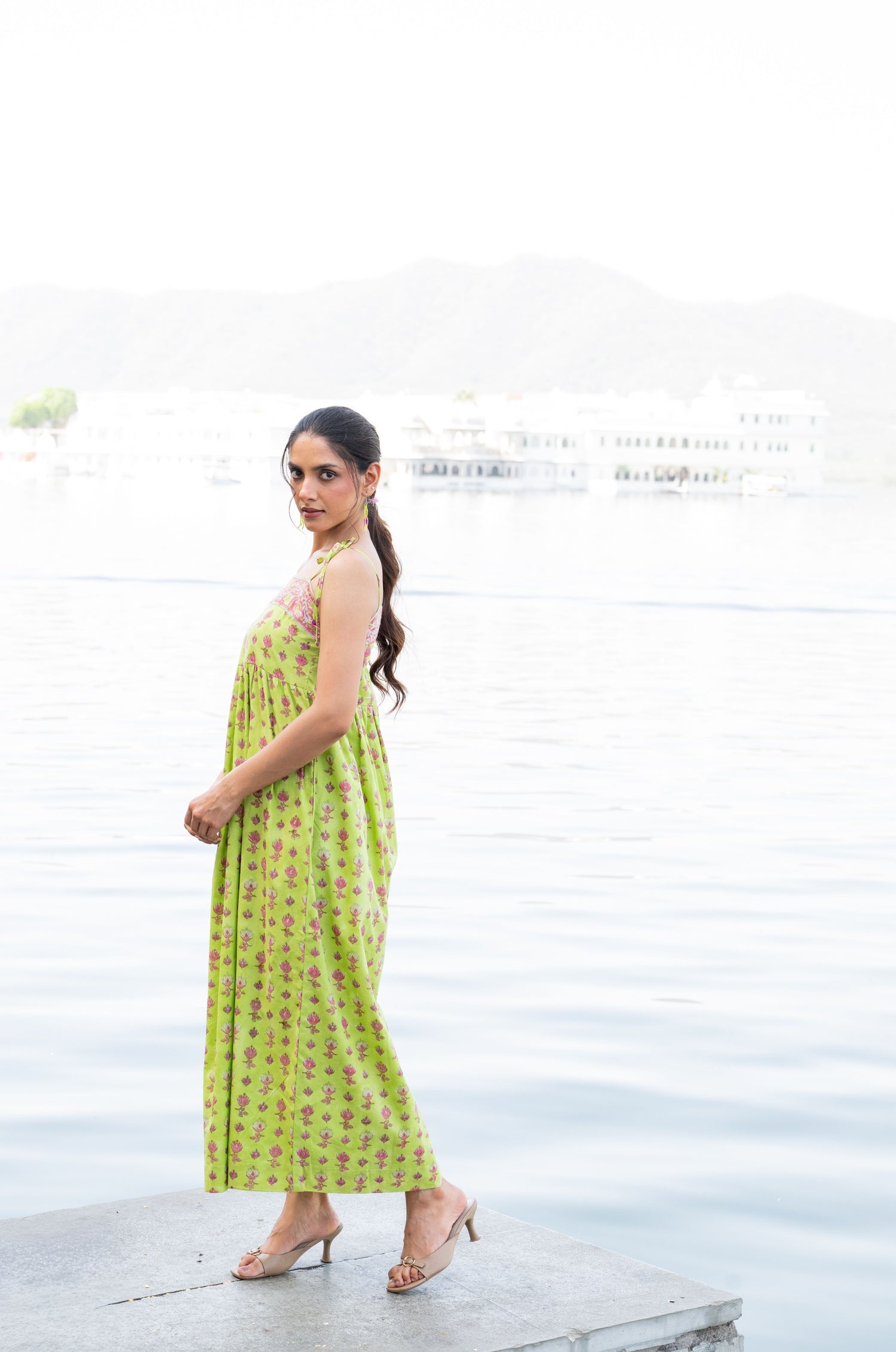 Light Green Mul Cotton Block Print Sleeveless Flowy Dress Secret Gar Ray Ethnic Light Green Mul Cotton Block Print Sleeveless Flowy Dress Secret Gar Ray Ethnic