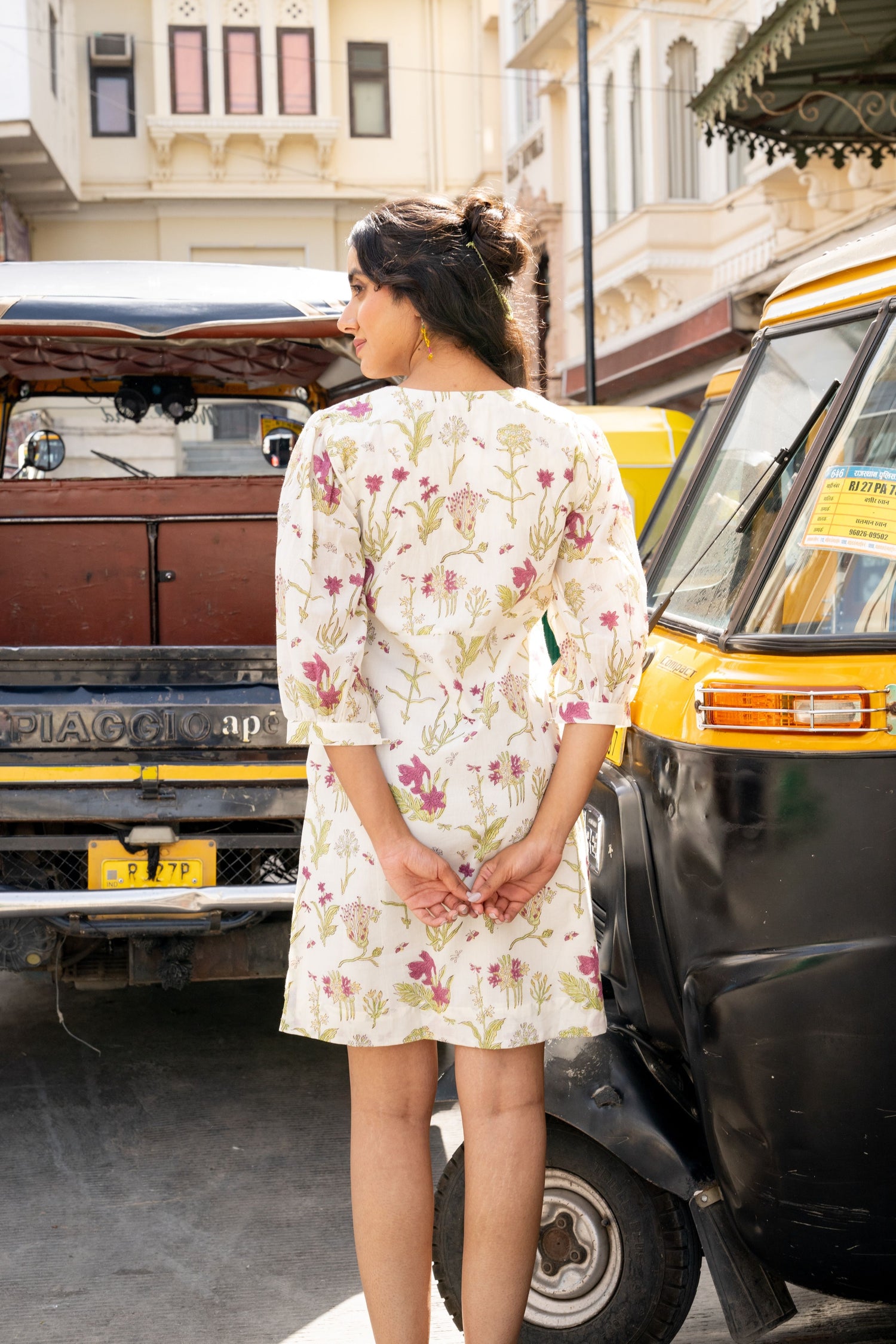 Off White Mul Cotton 3/4 Sleeve Block Print Dress – Secret Garden