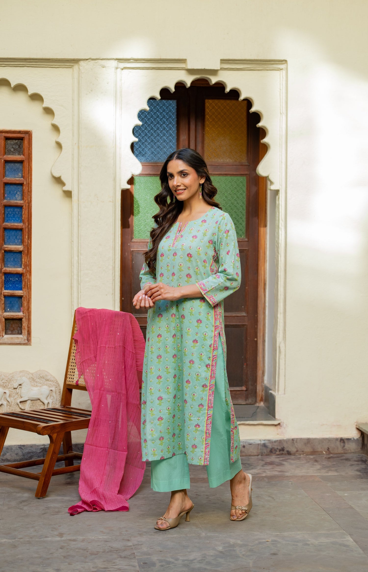 Aqua Blue Mul Cotton 3/4 Sleeve Kurta – Secret Garden