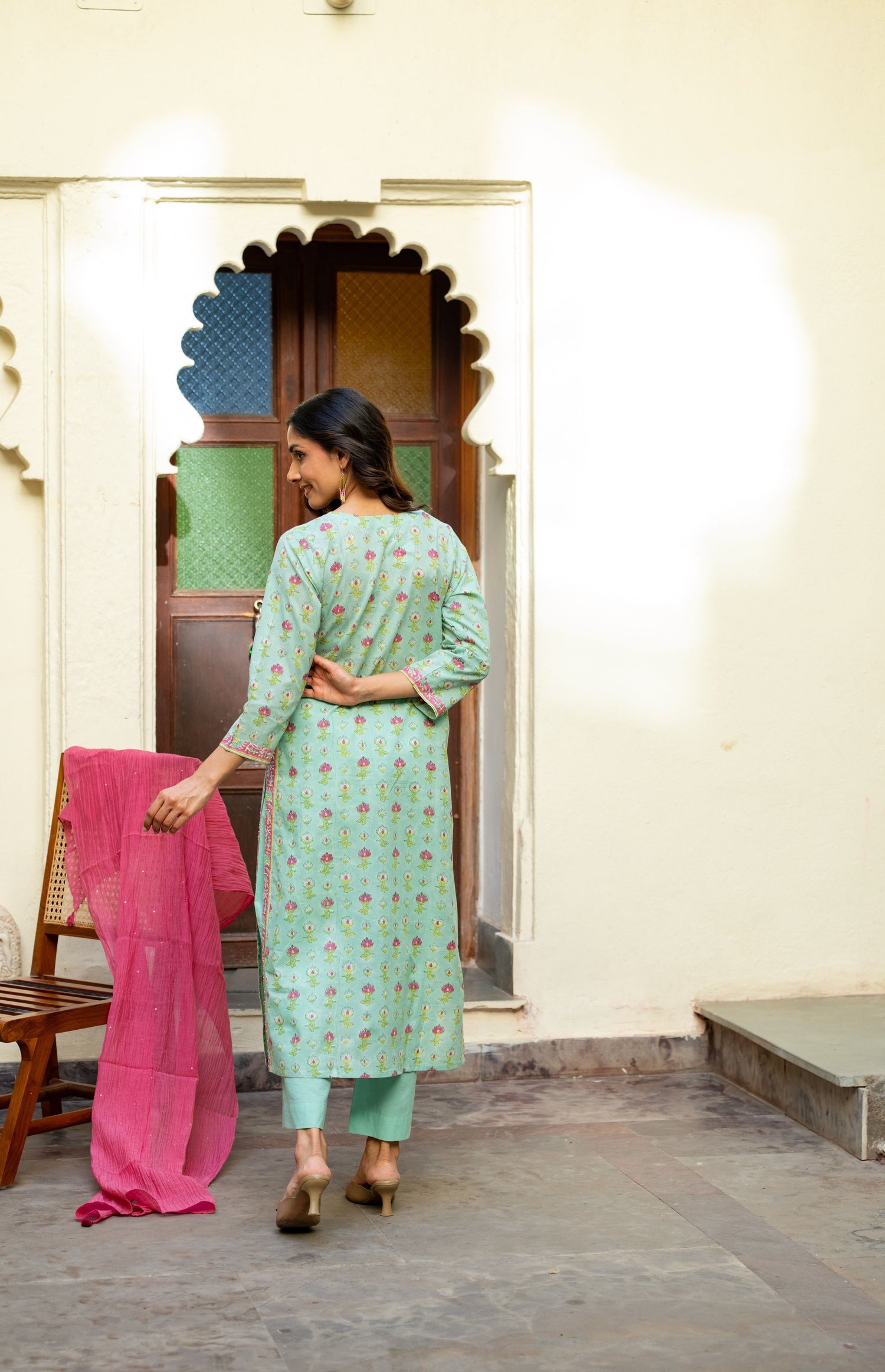 Aqua Blue Mul Cotton 3/4 Sleeve Kurta – Secret Garden
