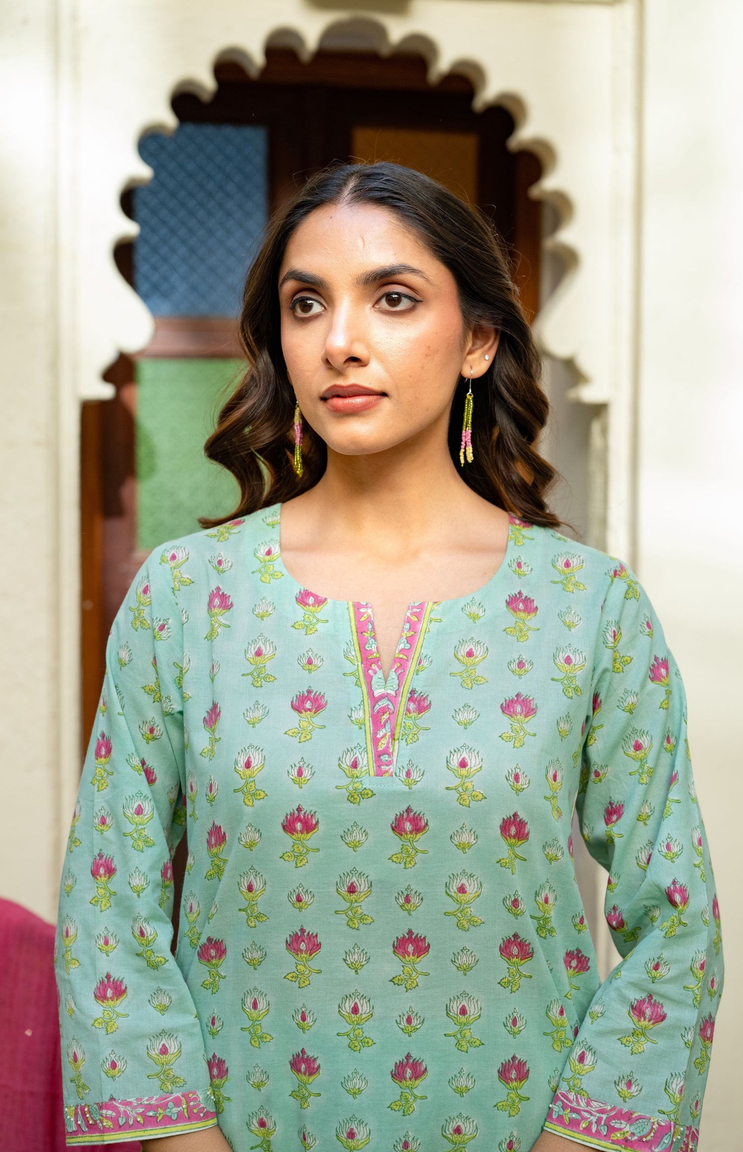 Aqua Blue Mul Cotton 3/4 Sleeve Kurta – Secret Garden