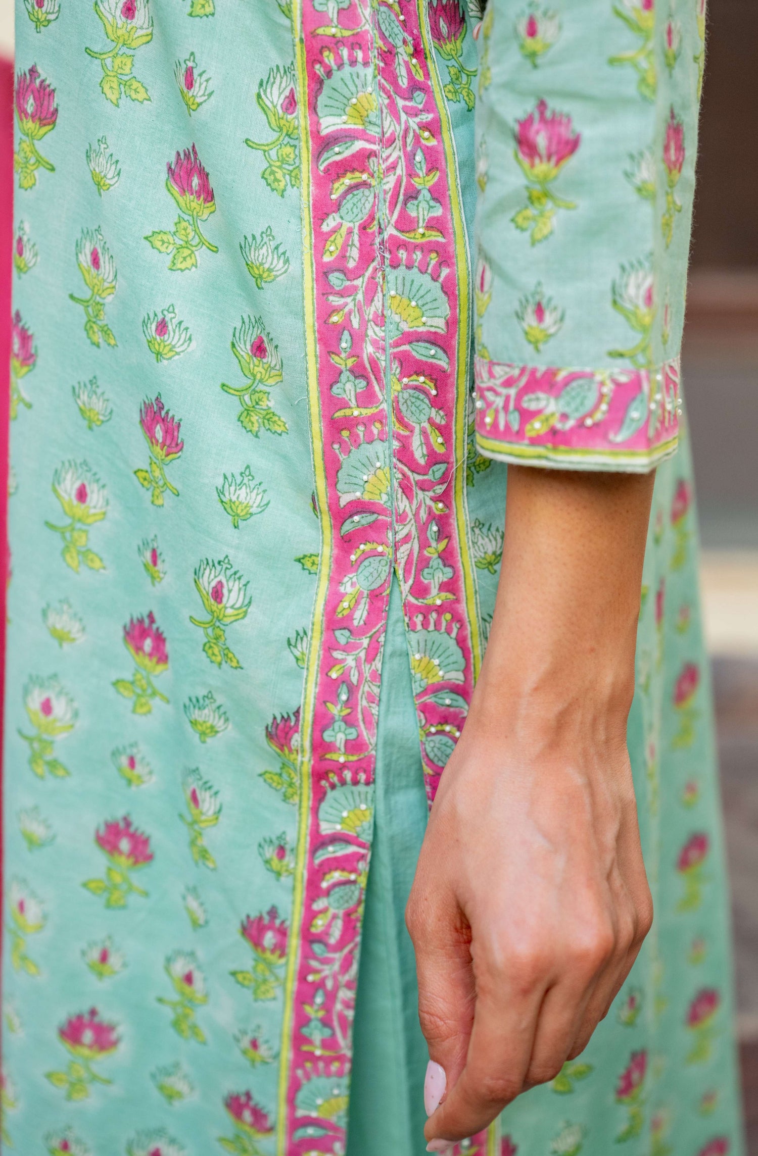 Aqua Blue Mul Cotton 3/4 Sleeve Kurta – Secret Garden