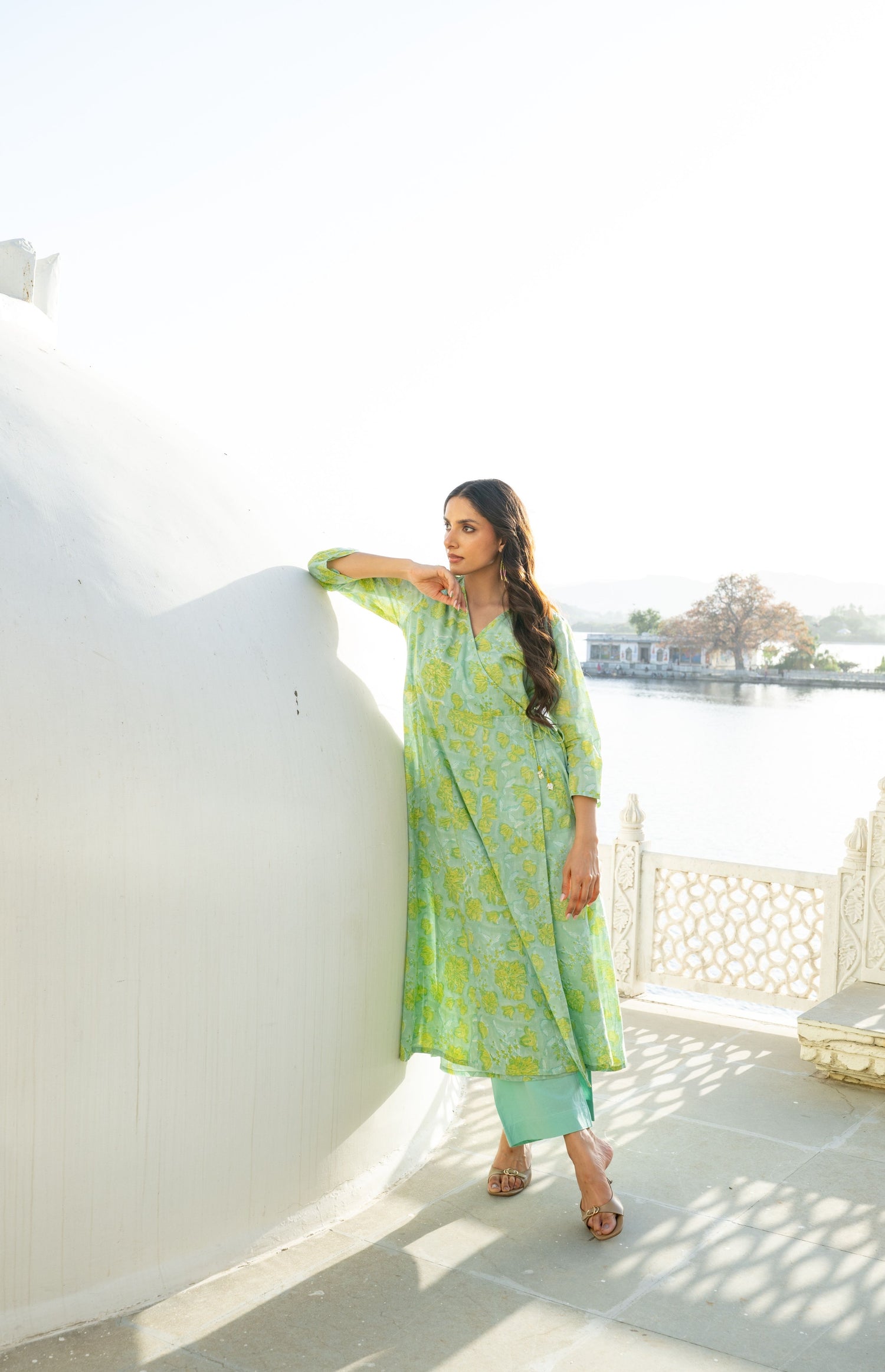 Mint Green Mul Cotton Block Print Angrakha Kurta – Secret Garden
