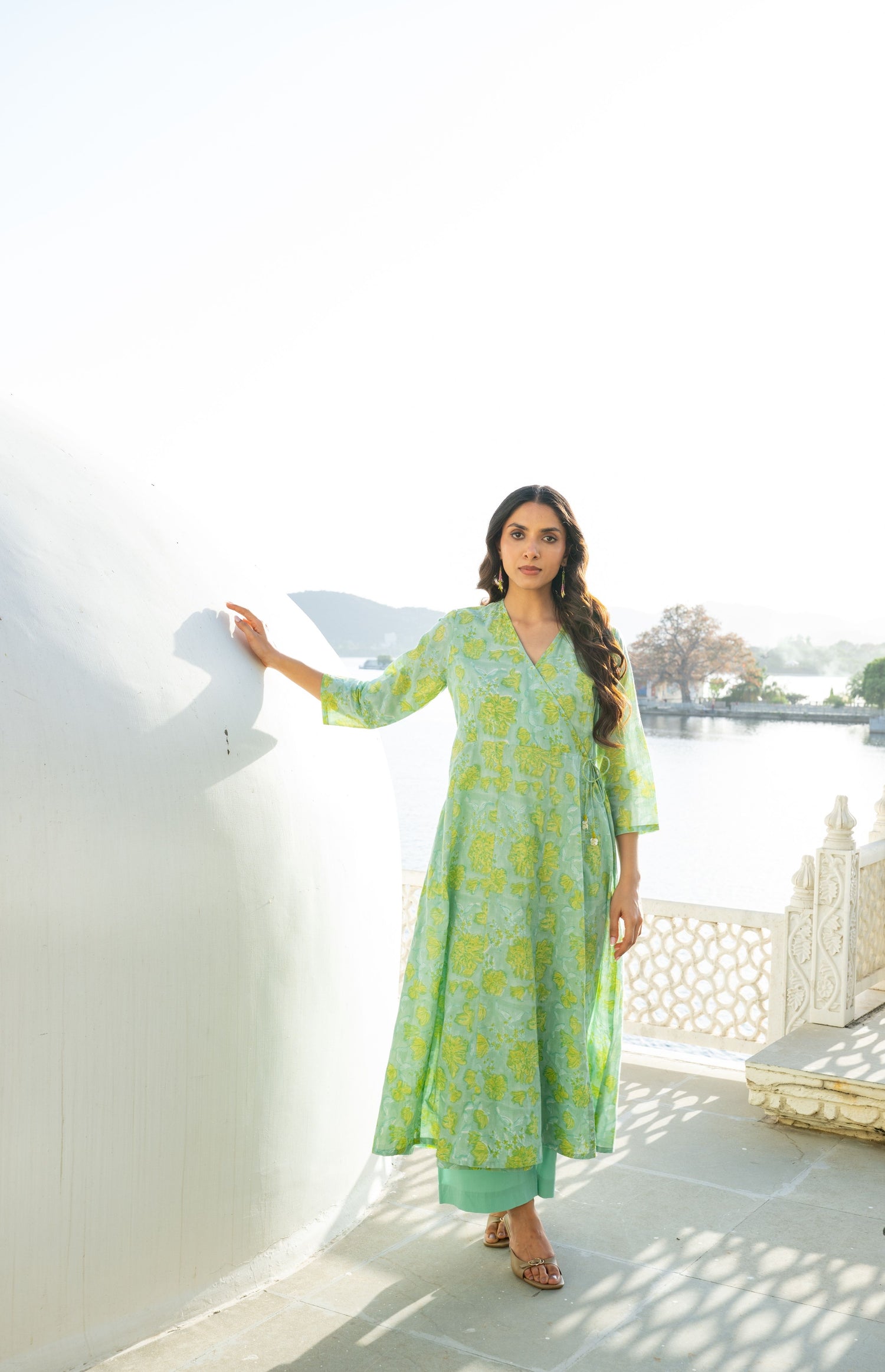 Mint Green Mul Cotton Block Print Angrakha Kurta – Secret Garden