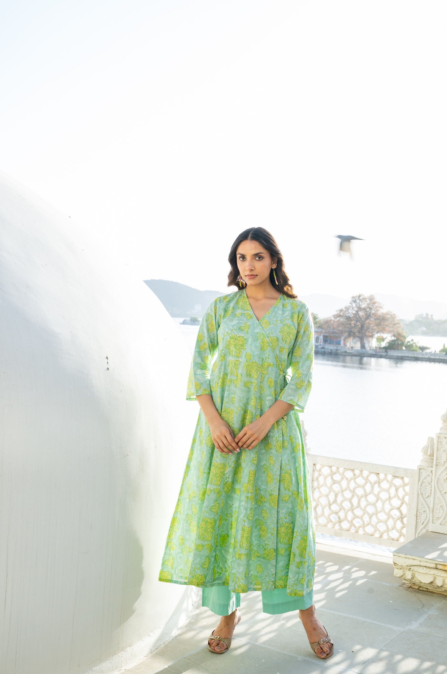 Mint Green Mul Cotton Block Print Angrakha Kurta – Secret Garden
