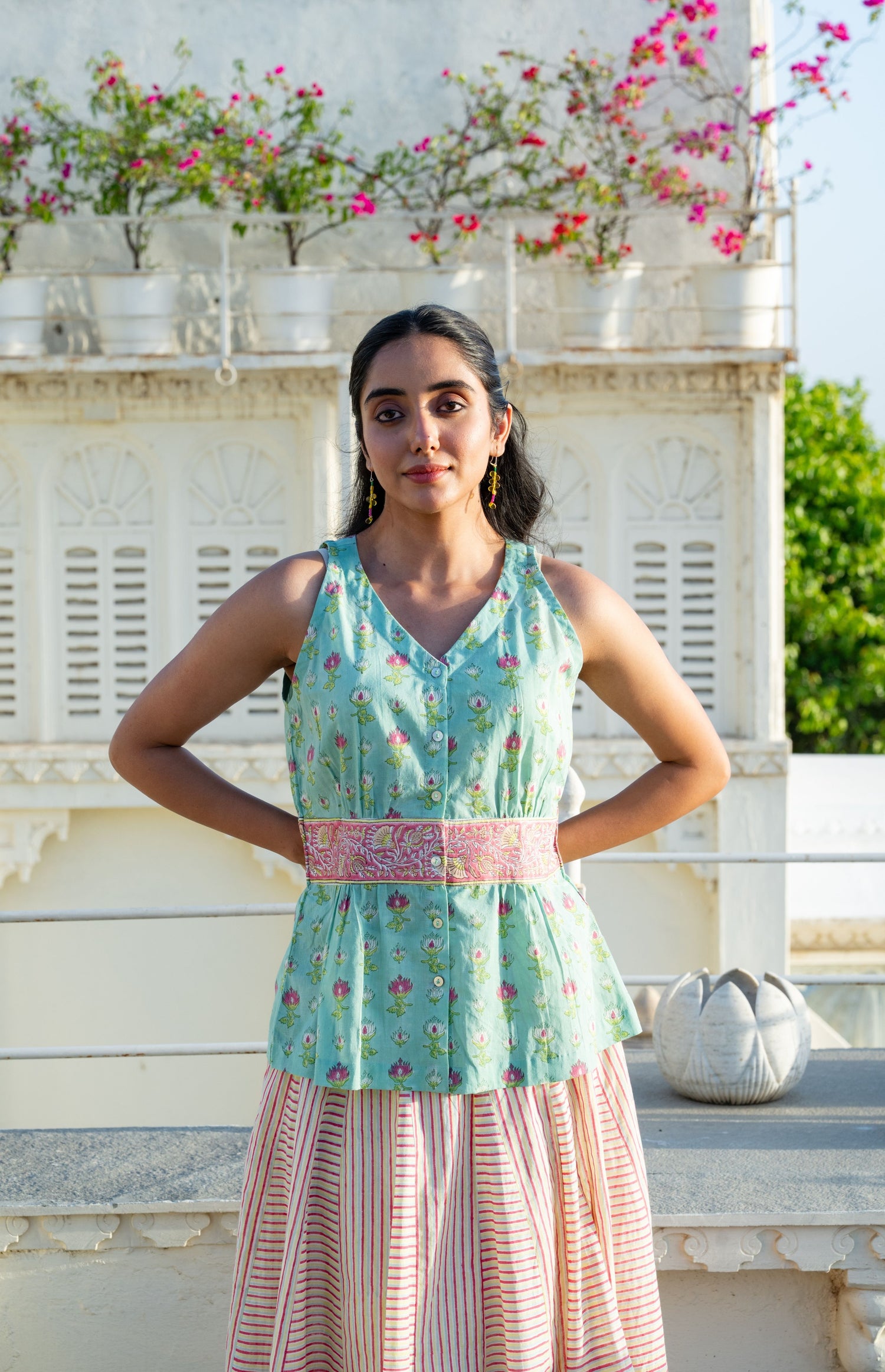 Mul Cotton V-Neck Block Print Button-Down Top – Secret Garden