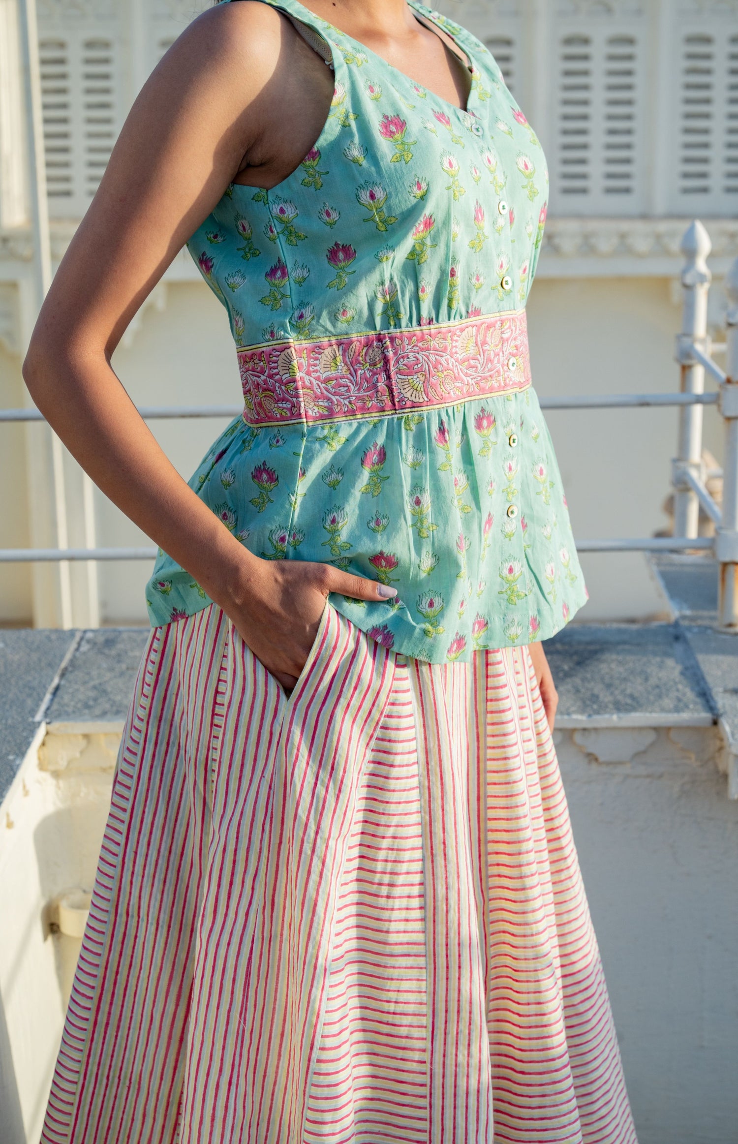 Mul Cotton V-Neck Block Print Button-Down Top – Secret Garden