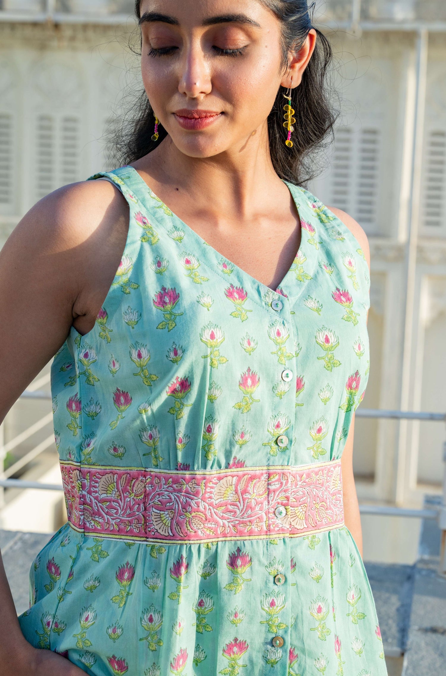 Mul Cotton V-Neck Block Print Button-Down Top – Secret Garden
