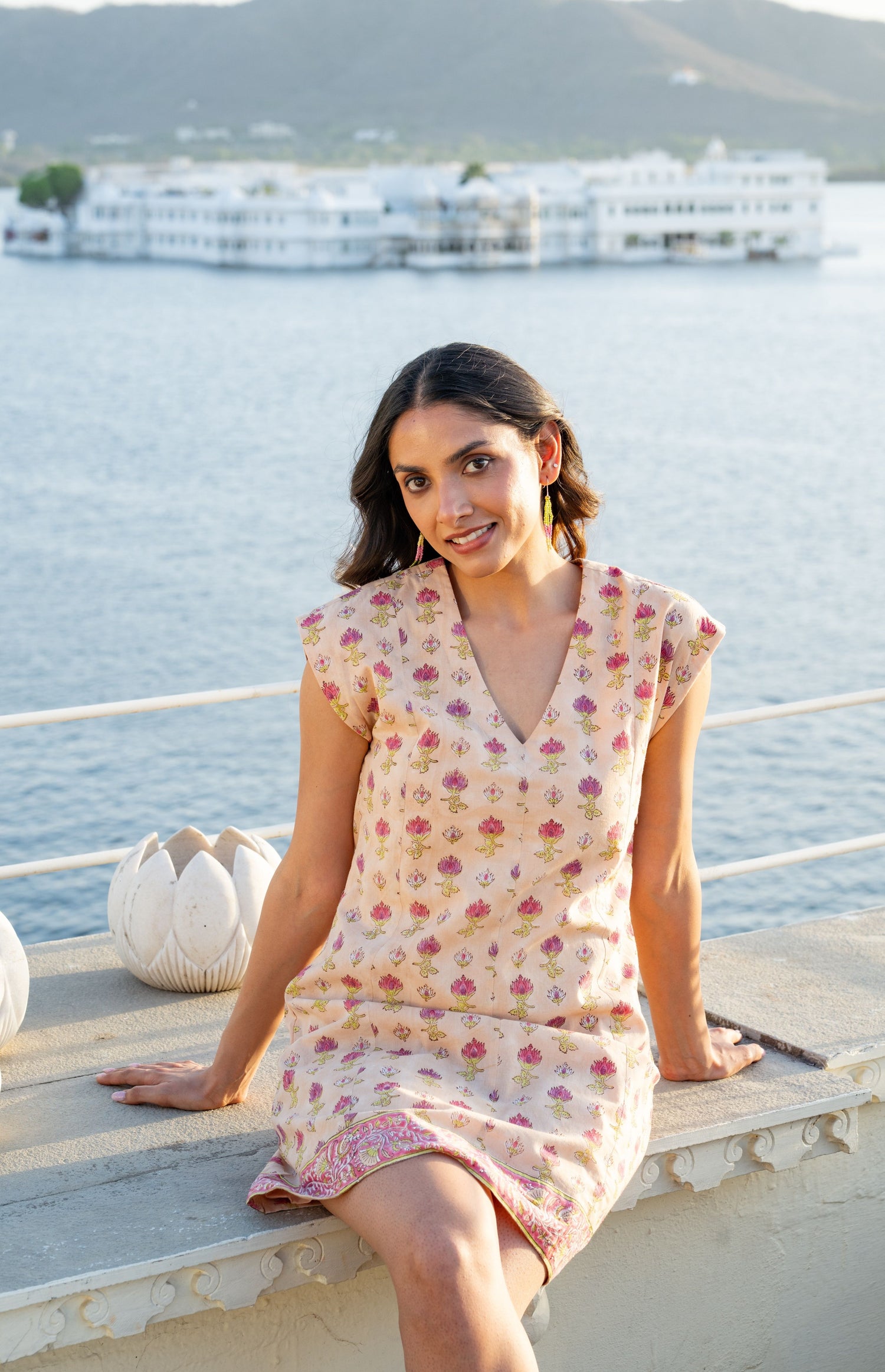 Peach Block Print Cap Sleeve V-Neck Short Dress – Secret Garden