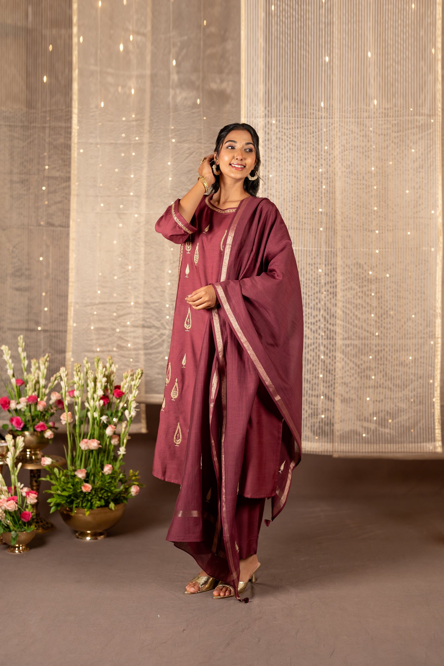 Ray Ethnic The Ira Sherbet Berry Cotton Silk Slub Set of Three with Embroidery