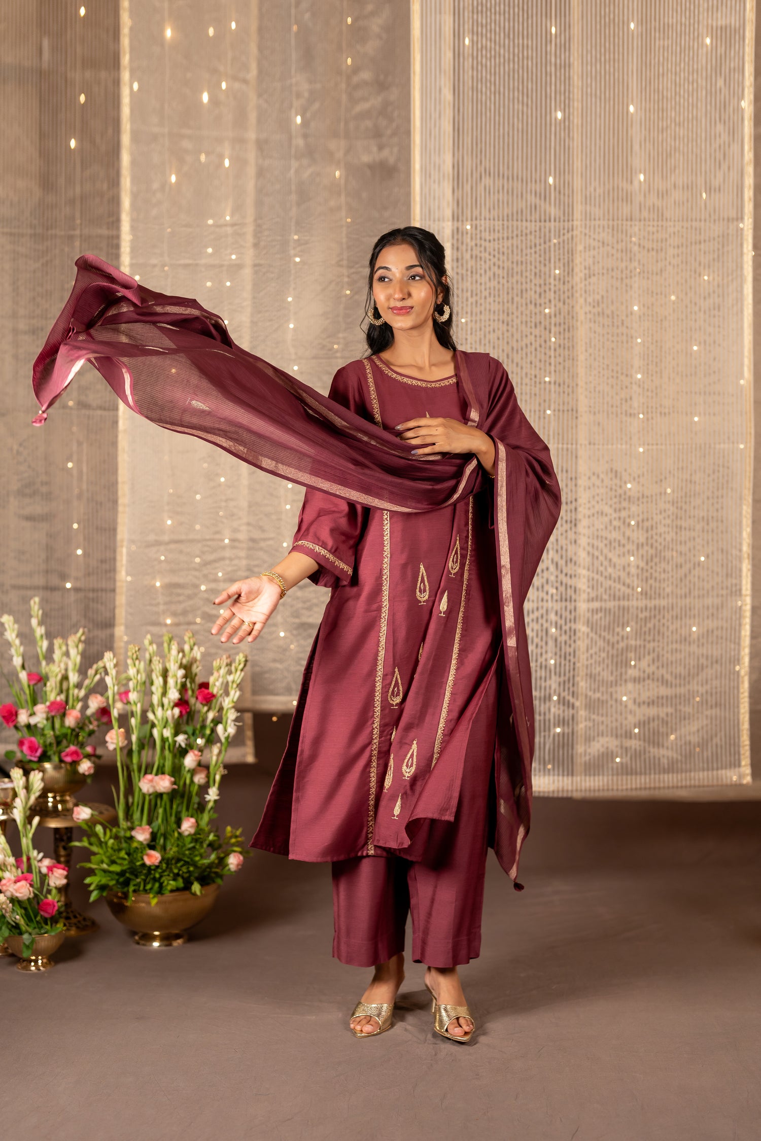 Ray Ethnic The Ira Sherbet Berry Cotton Silk Slub Set of Three with Embroidery