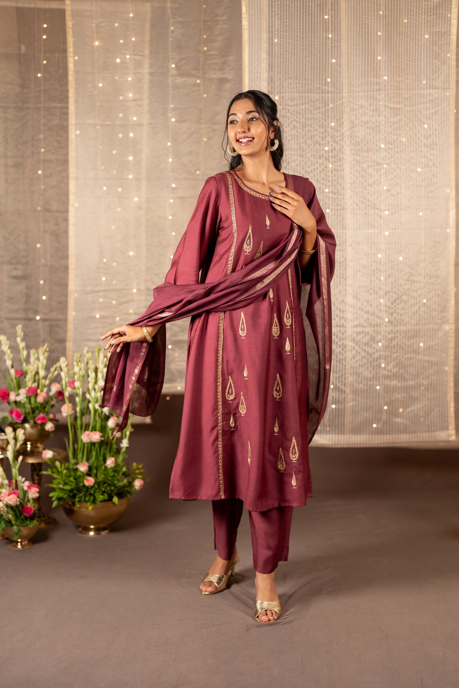 Ray Ethnic The Ira Sherbet Berry Cotton Silk Slub Set of Three with Embroidery