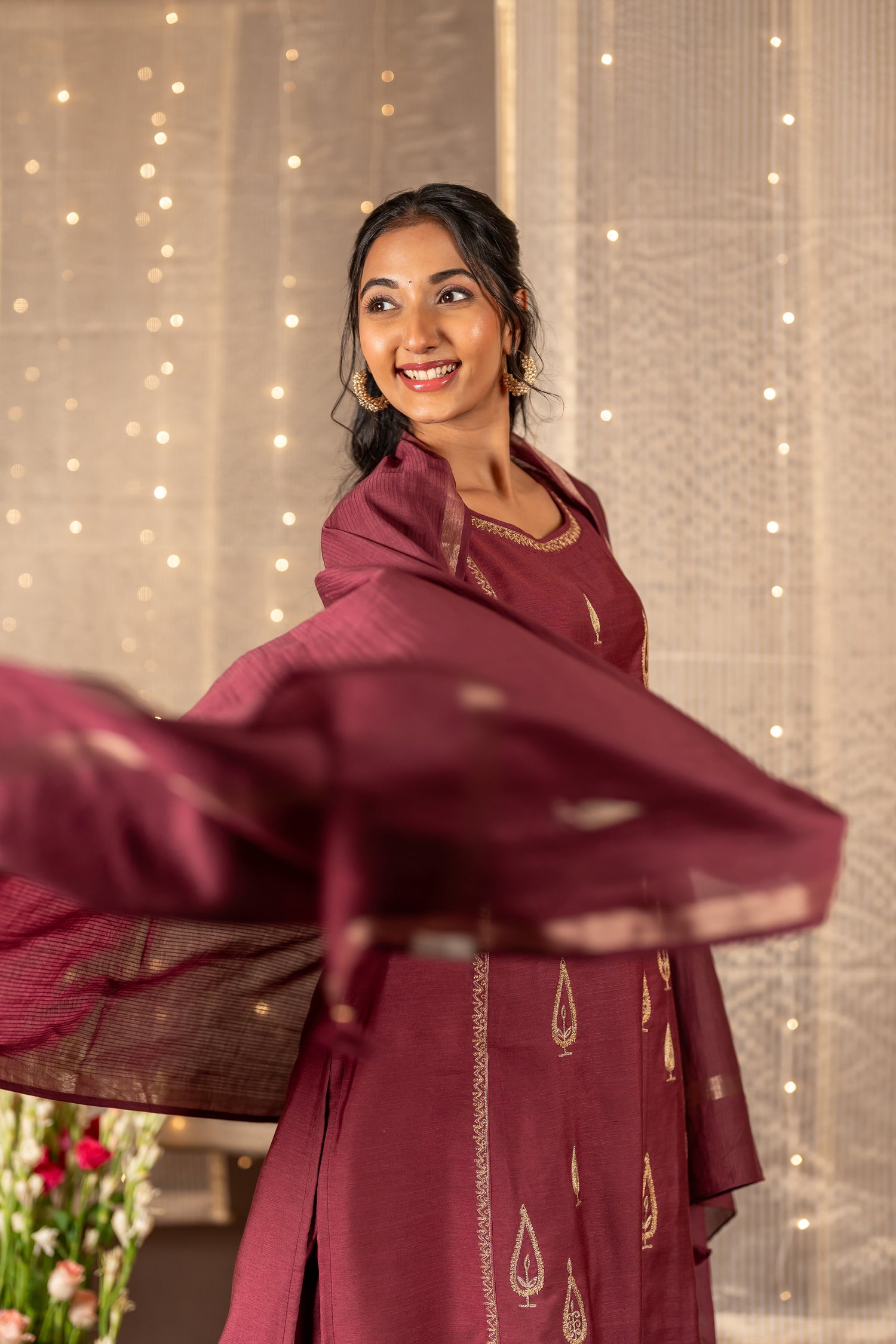 Ray Ethnic The Ira Sherbet Berry Cotton Silk Slub Set of Three with Embroidery