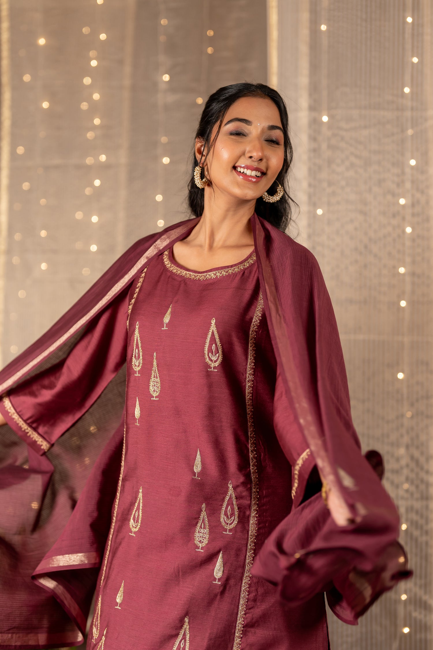 Ray Ethnic The Ira Sherbet Berry Cotton Silk Slub Set of Three with Embroidery