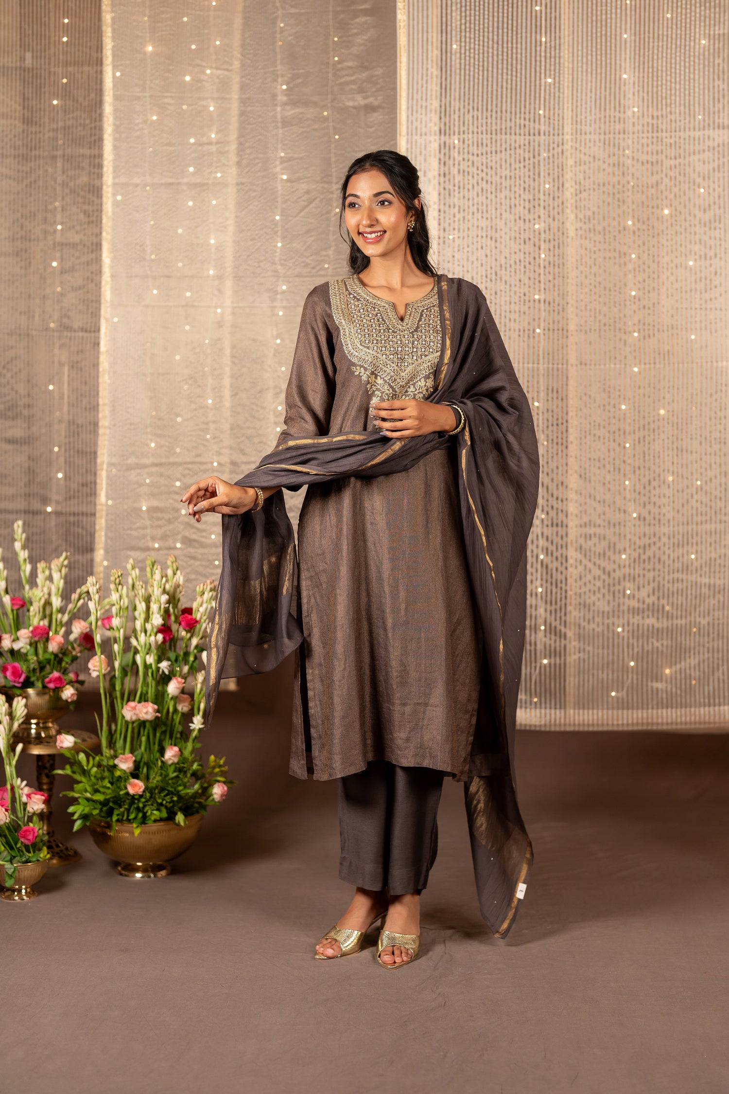 Ray Ethnic The Ira Chocolate Brown Silk Tissue Set of Three with Embroidery