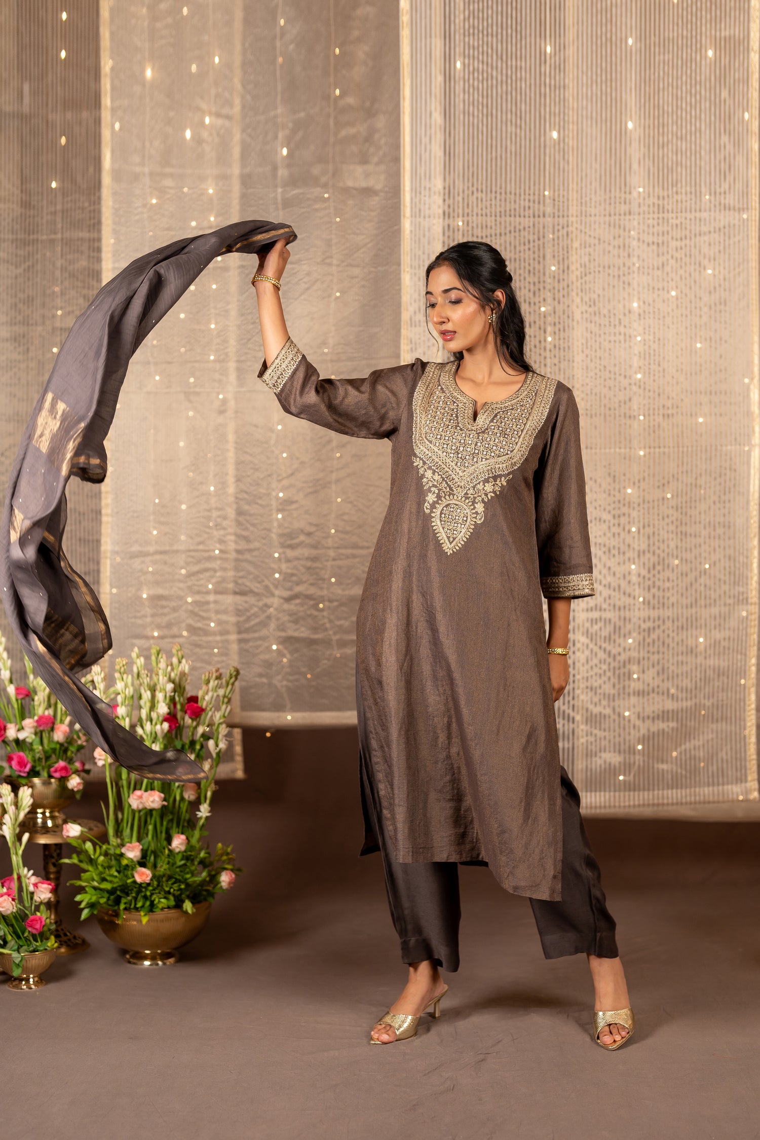 Ray Ethnic The Ira Chocolate Brown Silk Tissue Set of Three with Embroidery