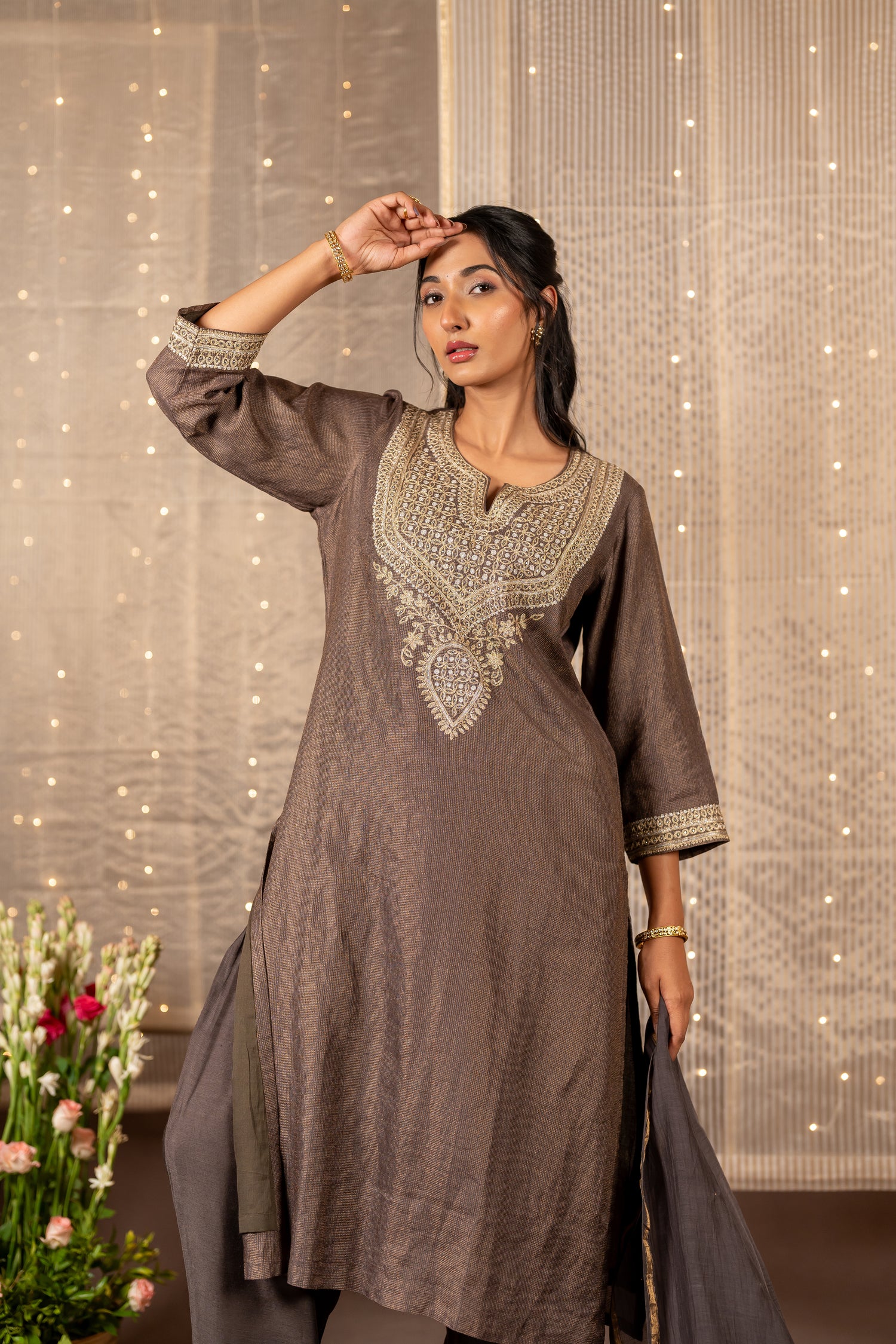 Ray Ethnic The Ira Chocolate Brown Silk Tissue Set of Three with Embroidery