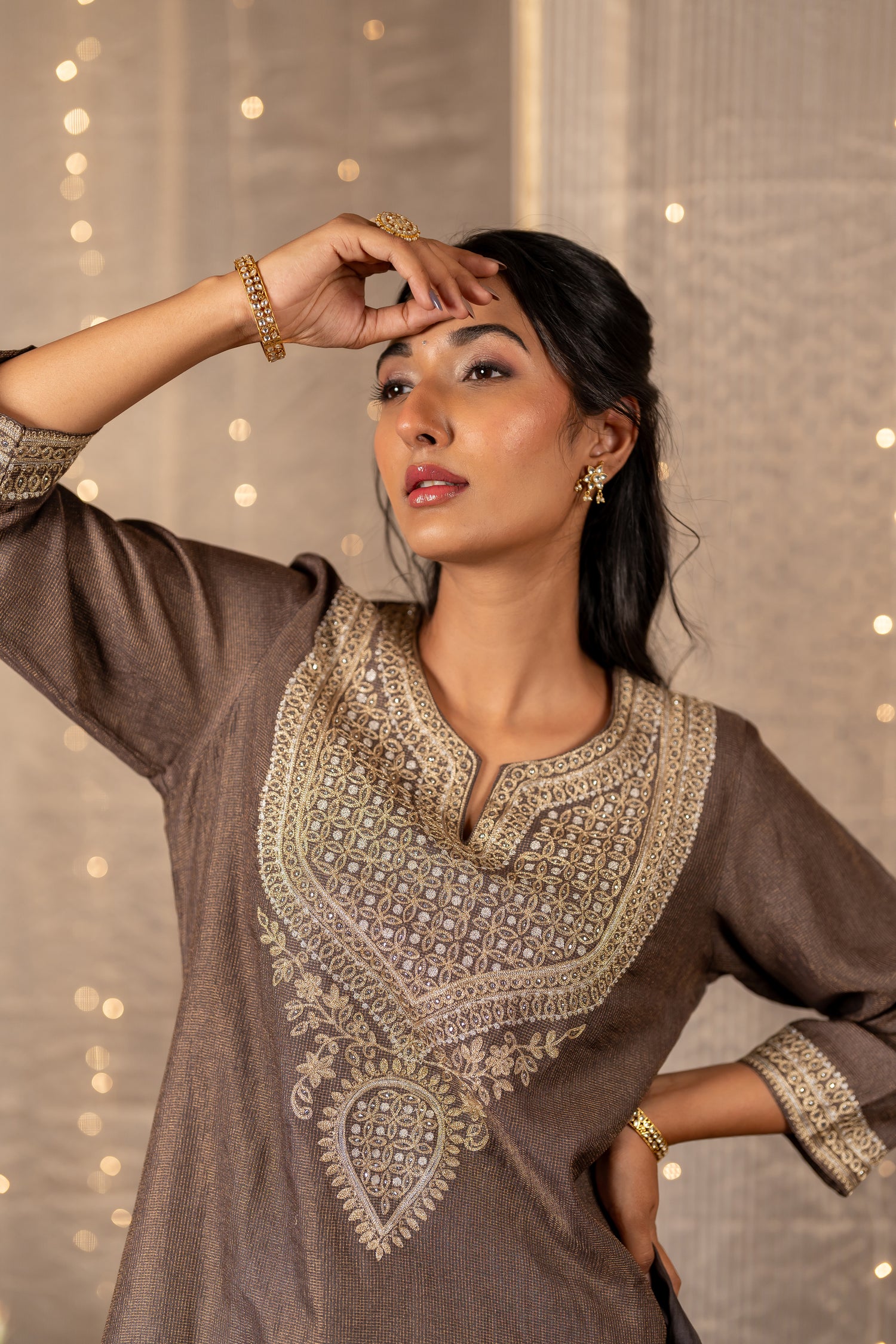 Ray Ethnic The Ira Chocolate Brown Silk Tissue Set of Three with Embroidery