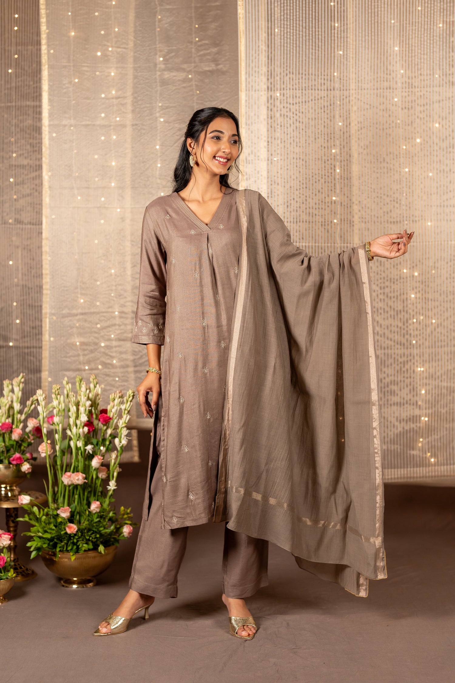 Ray Ethnic The Ira Light Brown Cotton Silk Set of Three with Hand Embroidery