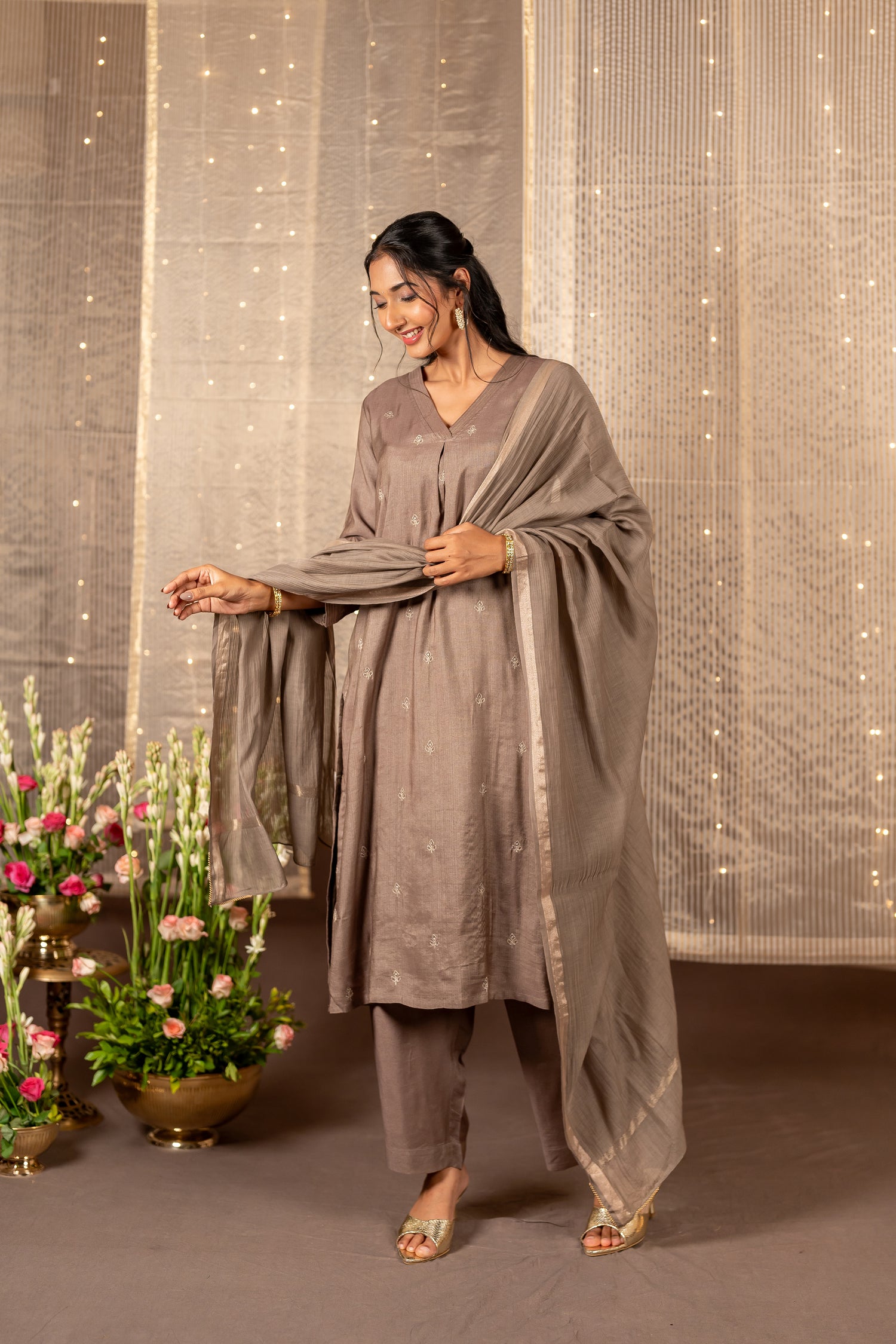 Ray Ethnic The Ira Light Brown Cotton Silk Set of Three with Hand Embroidery