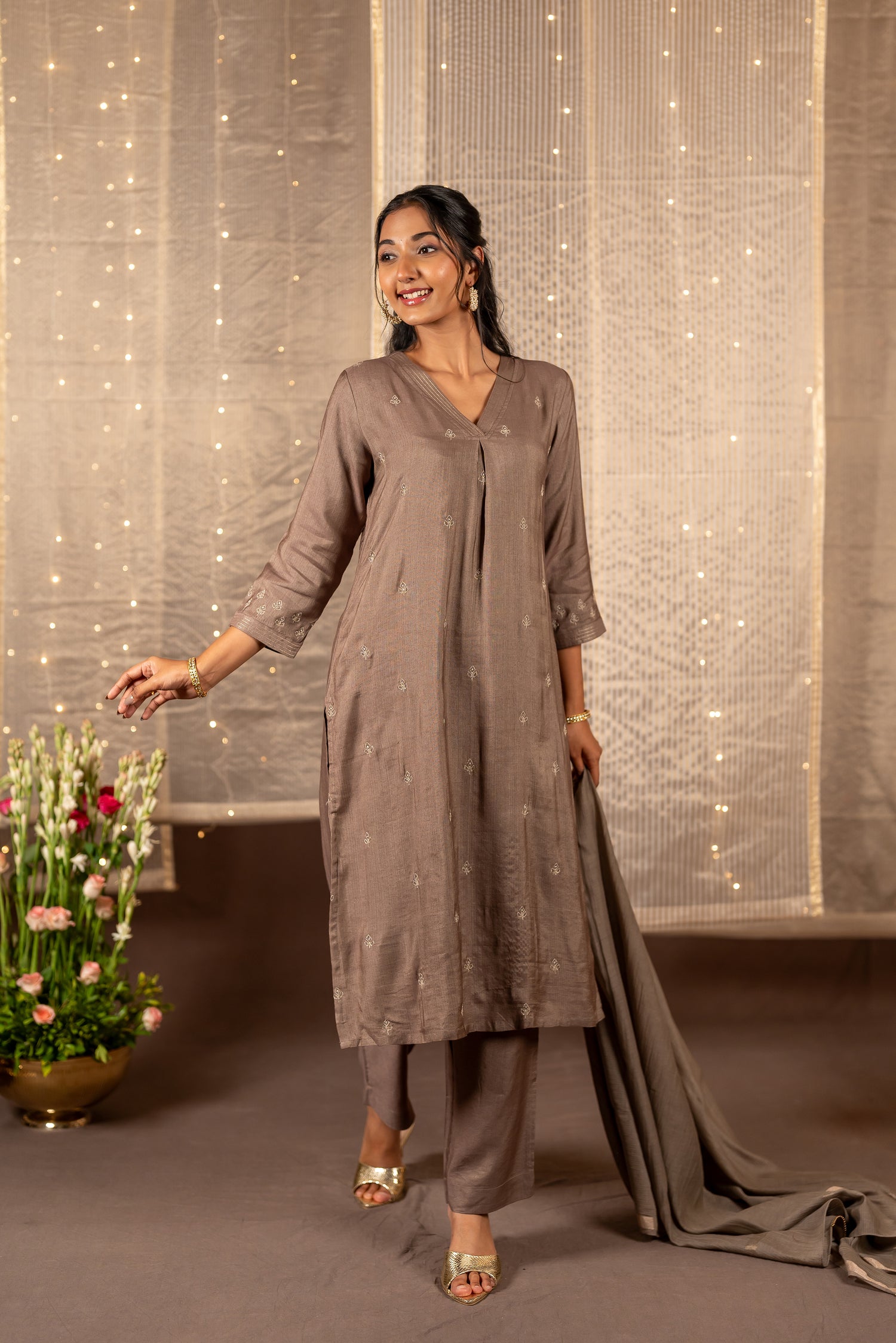 Ray Ethnic The Ira Light Brown Cotton Silk Set of Three with Hand Embroidery