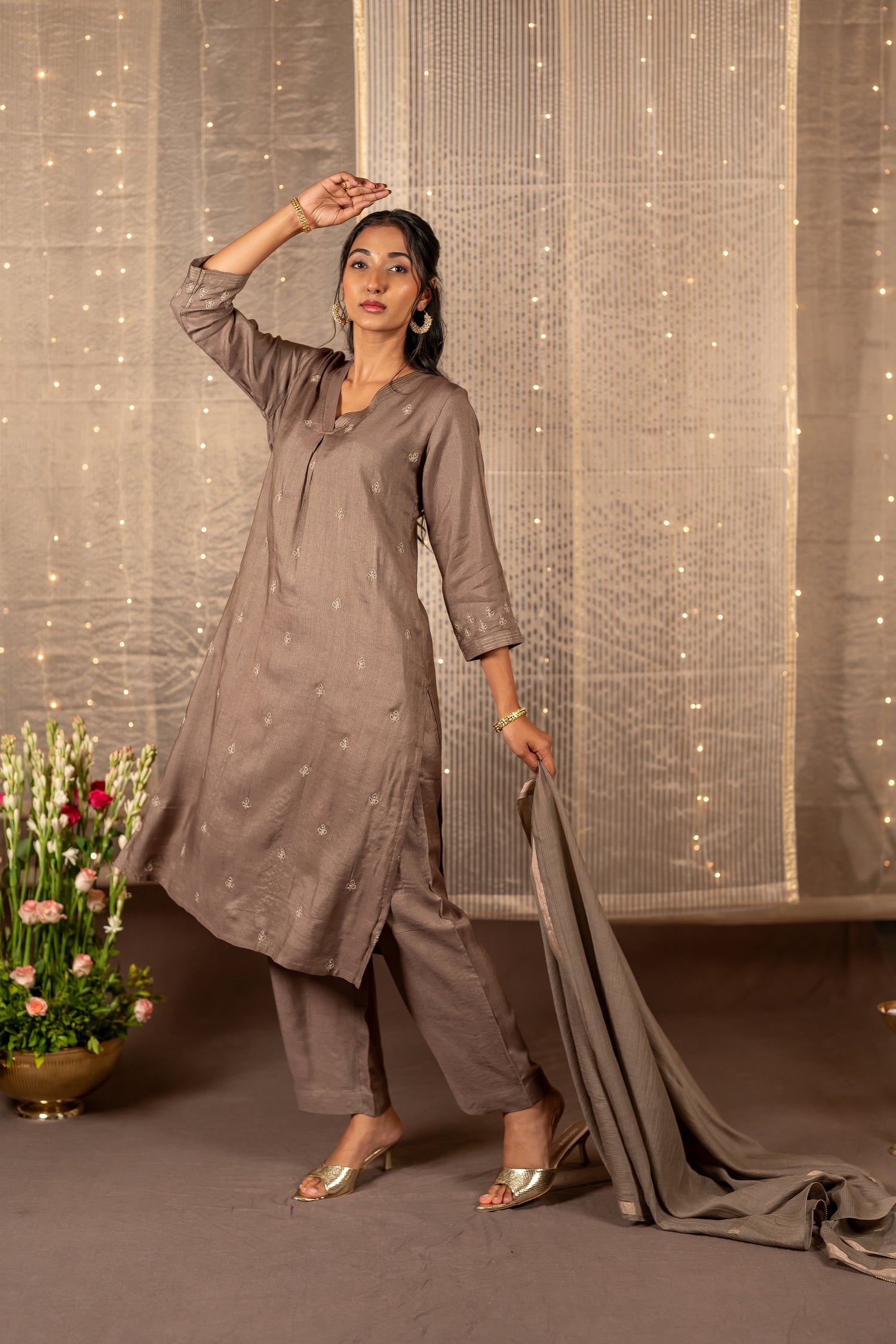 Ray Ethnic The Ira Light Brown Cotton Silk Set of Three with Hand Embroidery