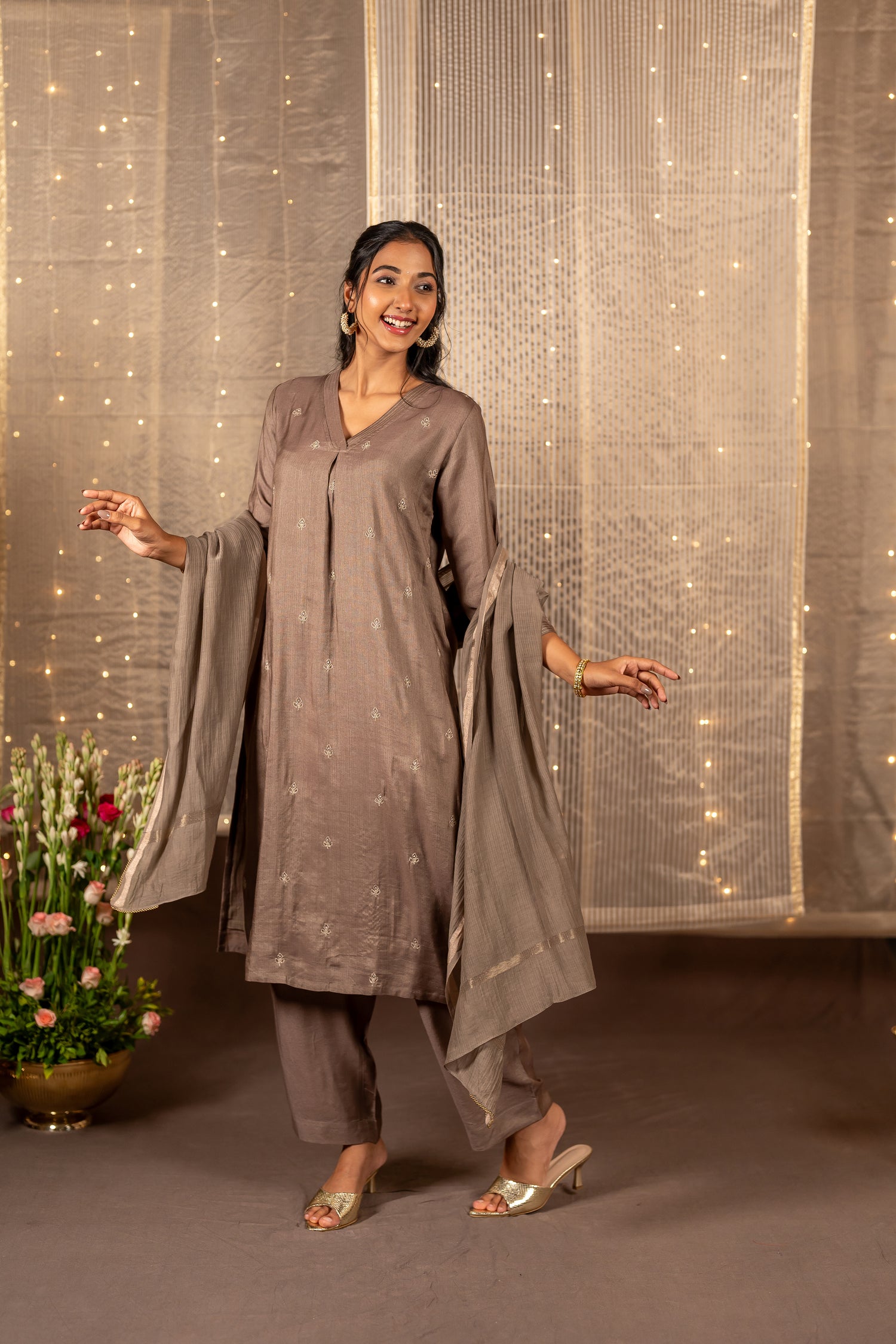 Ray Ethnic The Ira Light Brown Cotton Silk Set of Three with Hand Embroidery