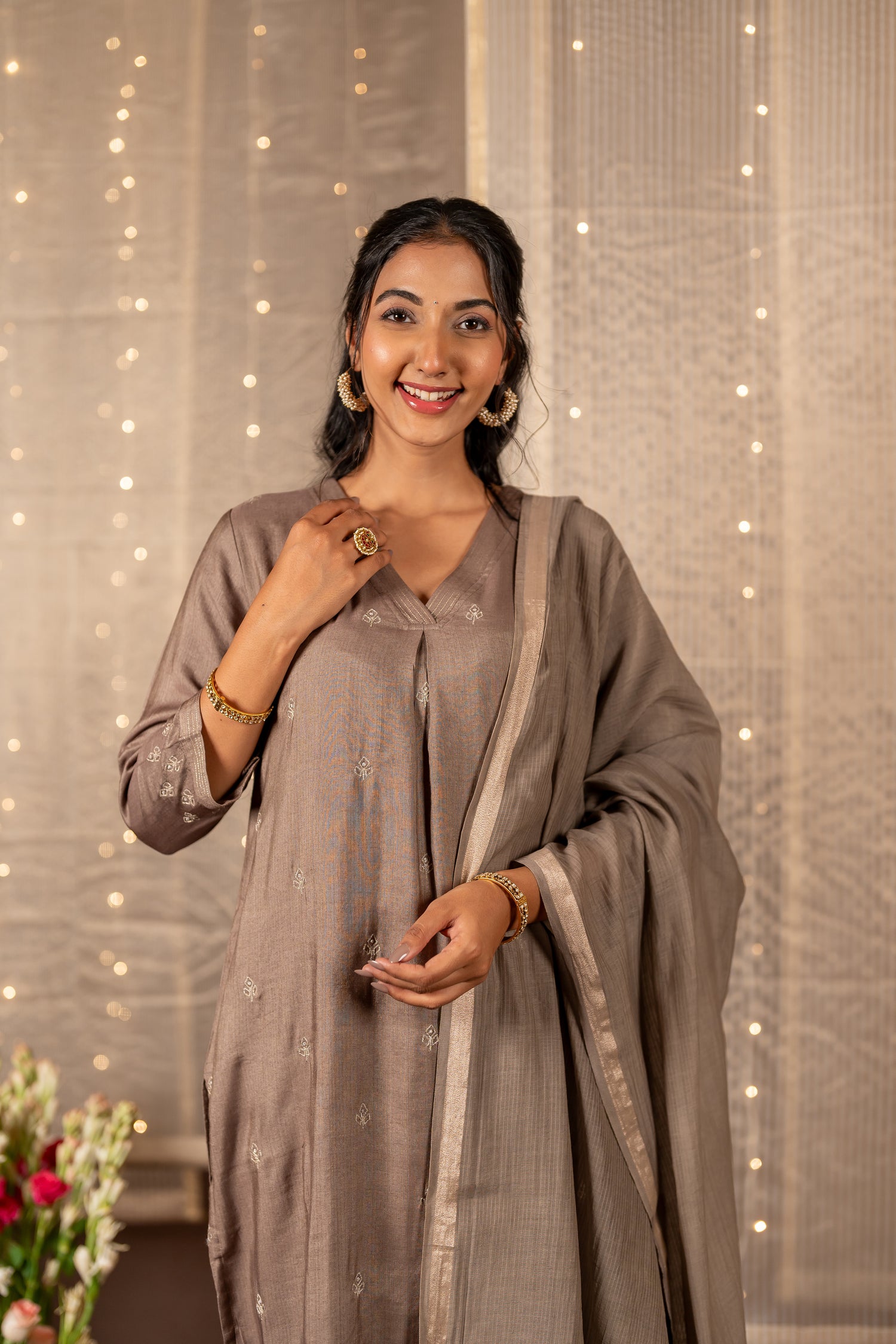 Ray Ethnic The Ira Light Brown Cotton Silk Set of Three with Hand Embroidery