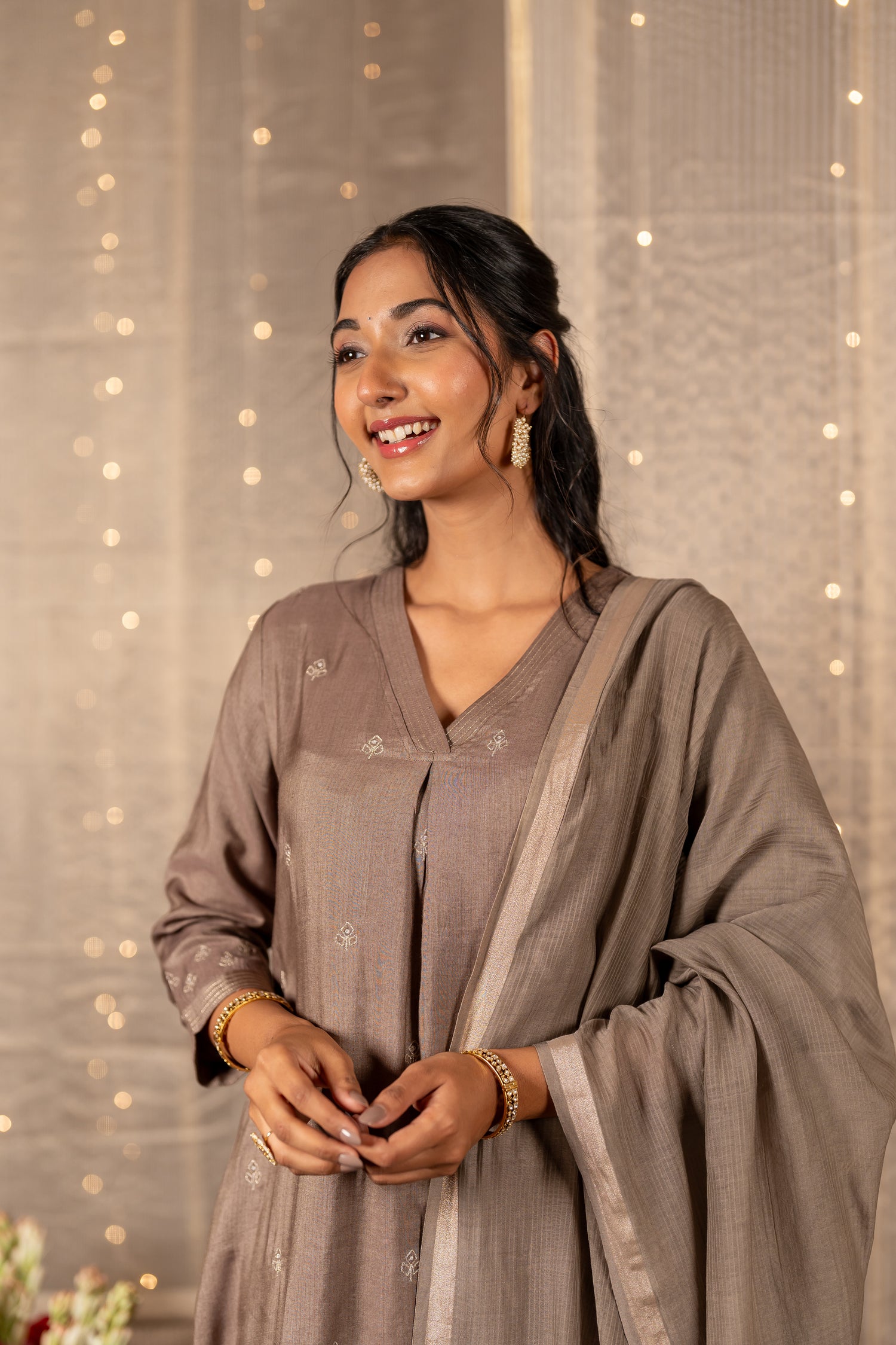 Ray Ethnic The Ira Light Brown Cotton Silk Set of Three with Hand Embroidery