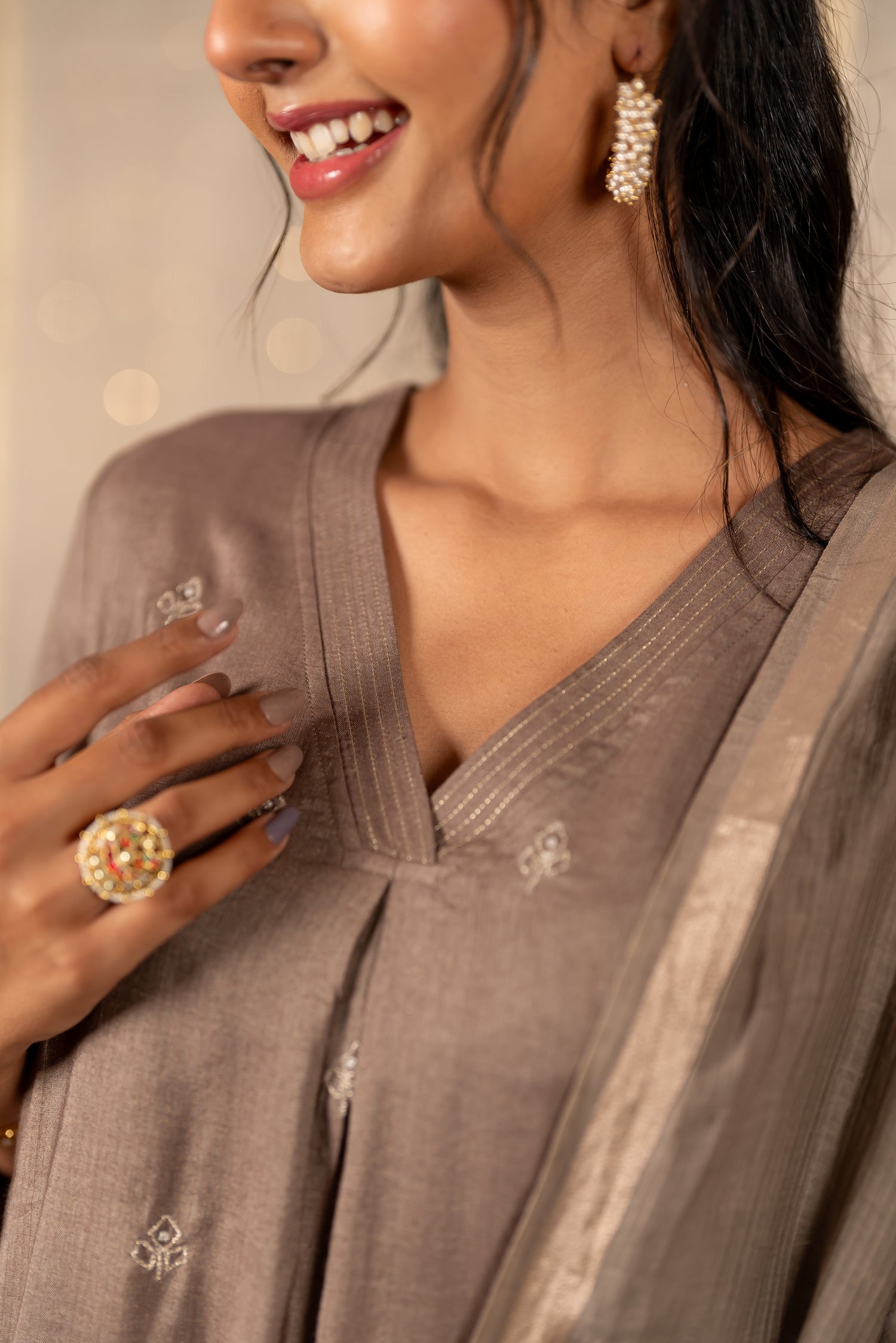 Ray Ethnic The Ira Light Brown Cotton Silk Set of Three with Hand Embroidery