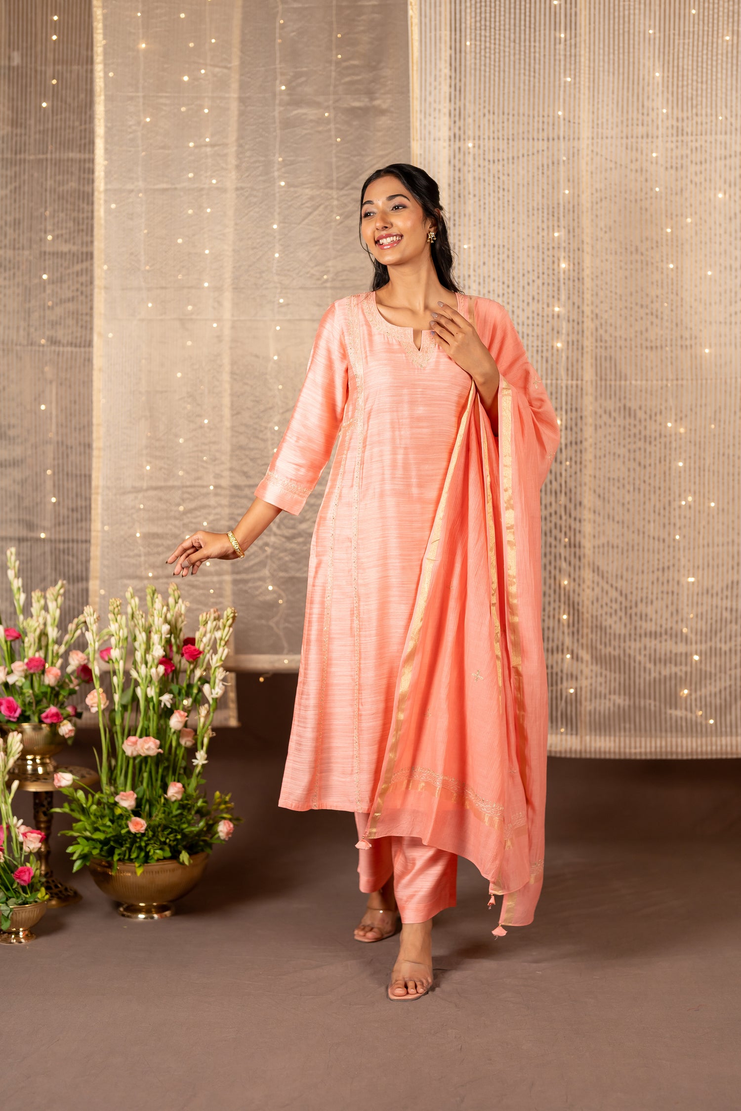Ray Ethnic The Ira Light Pink Cotton Silk Slub Set of Three with Hand Embroidery