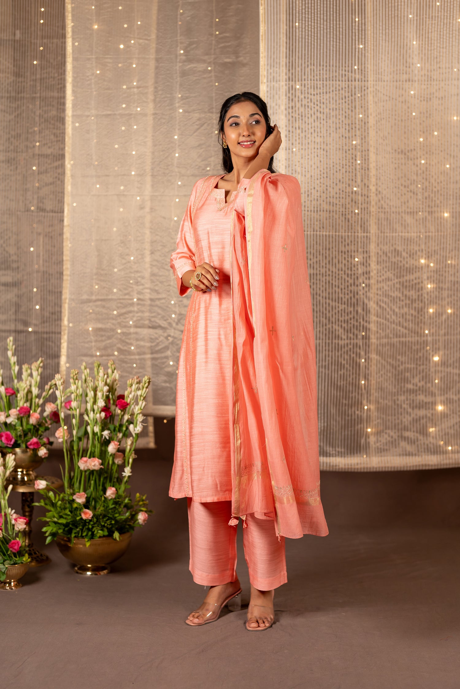 Ray Ethnic The Ira Light Pink Cotton Silk Slub Set of Three with Hand Embroidery