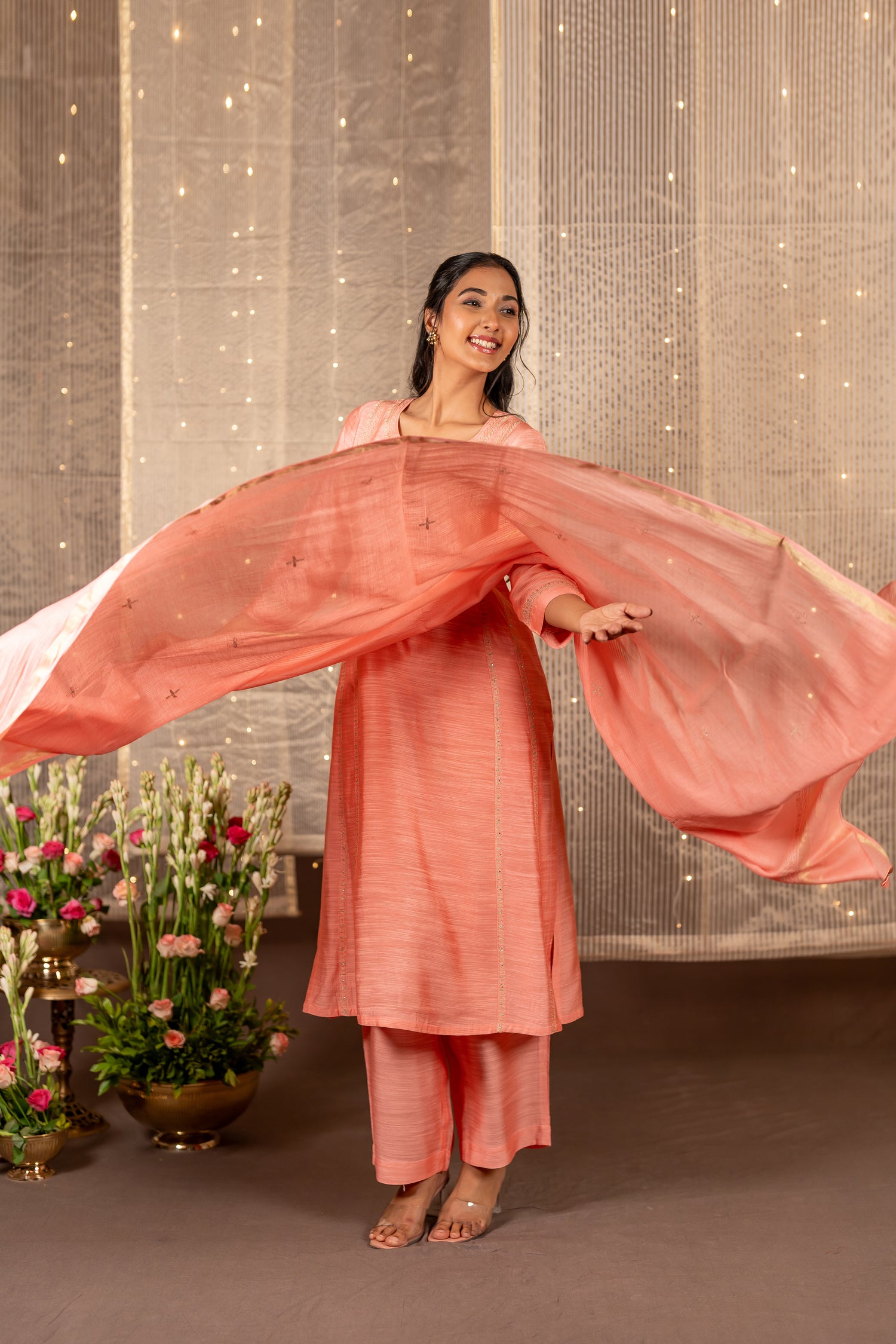 Ray Ethnic The Ira Light Pink Cotton Silk Slub Set of Three with Hand Embroidery
