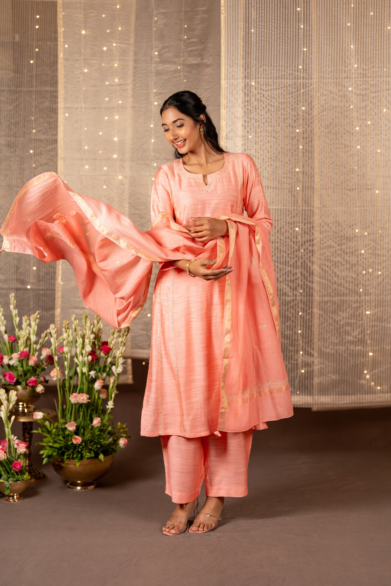 Ray Ethnic The Ira Light Pink Cotton Silk Slub Set of Three with Hand Embroidery