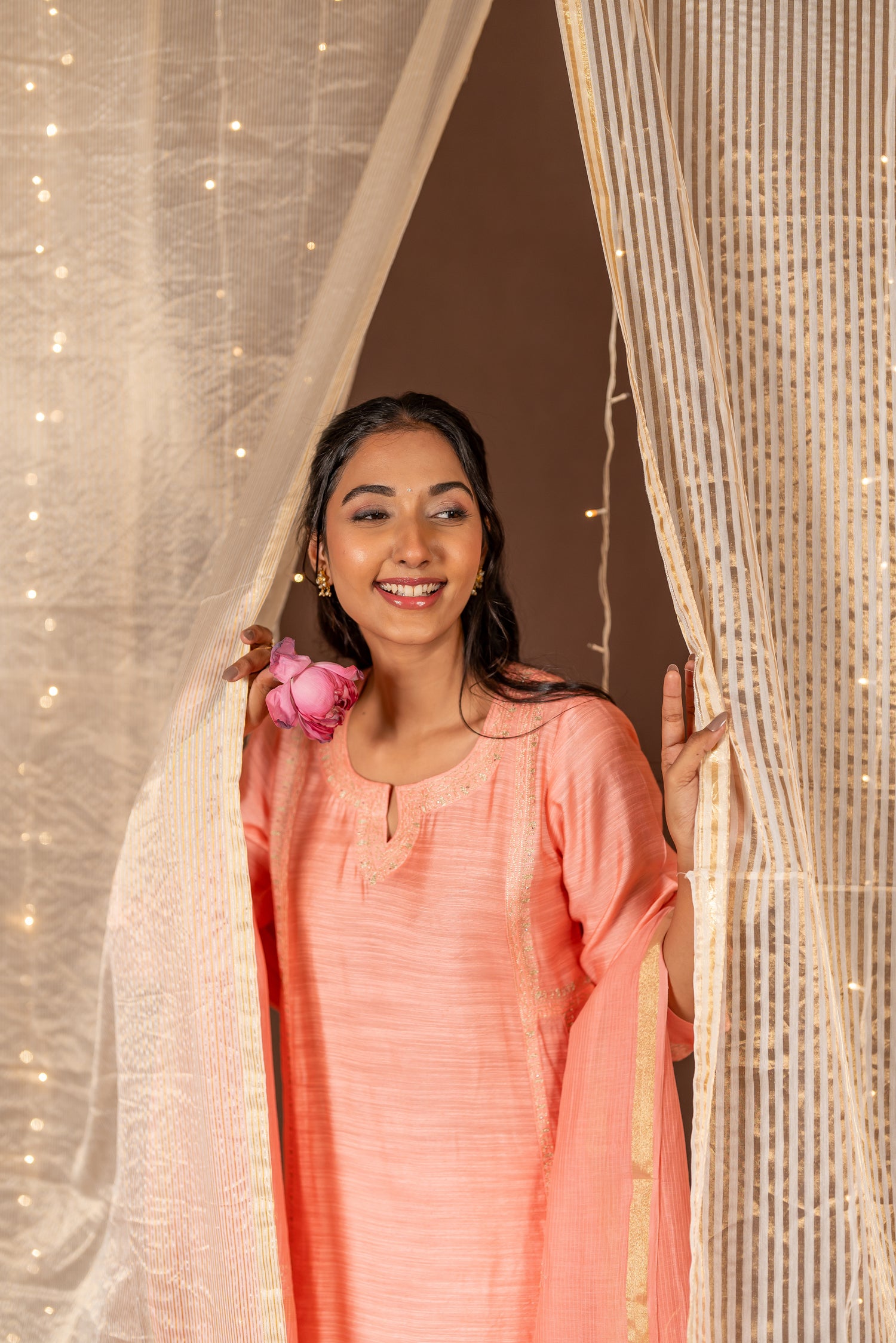 Ray Ethnic The Ira Light Pink Cotton Silk Slub Set of Three with Hand Embroidery