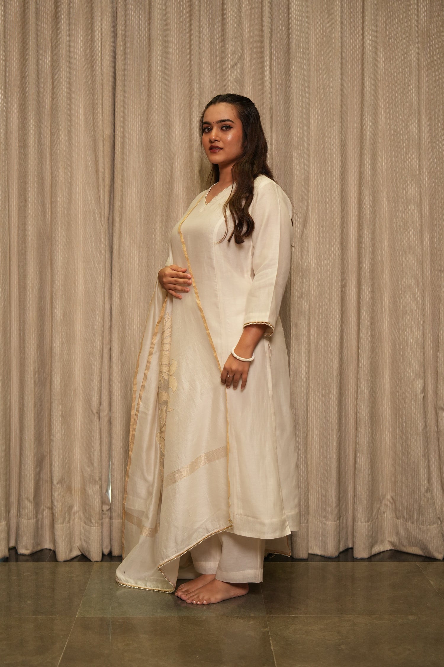 Ek Dor Mul Chanderi Set of 3 – Elegant Ivory Handwoven Ensemble
