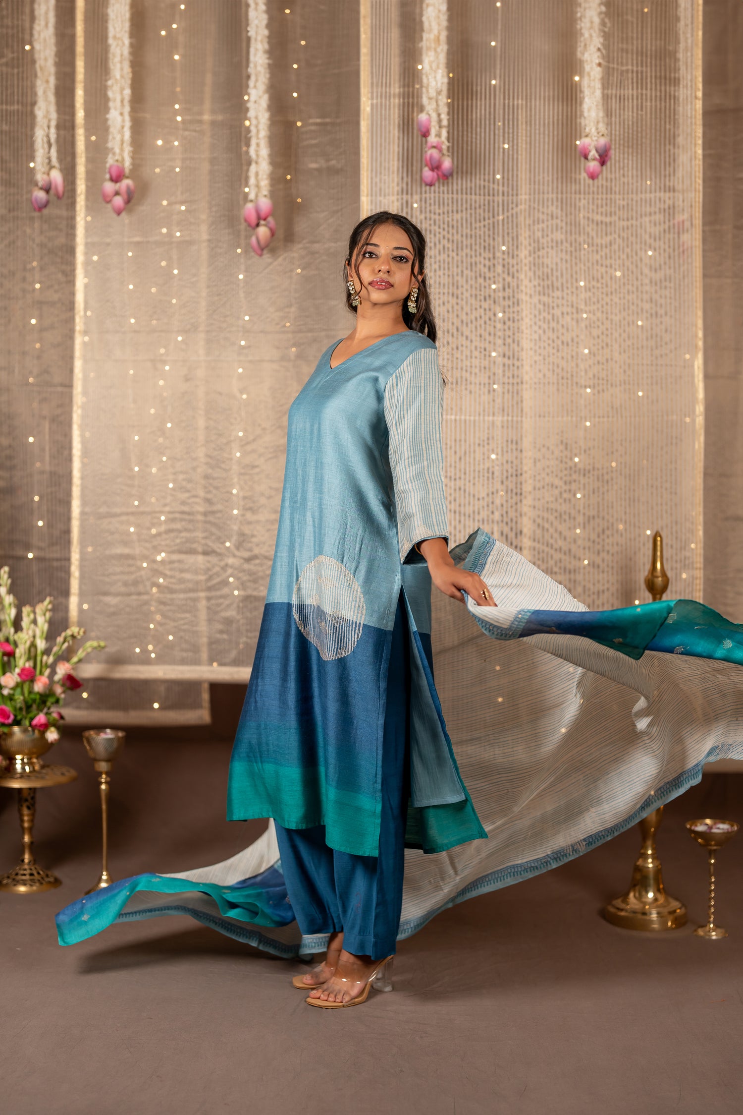 Ira Blue Grey Hand Embroidered Tasar Kurta Set of 3 | Ray Ethnic