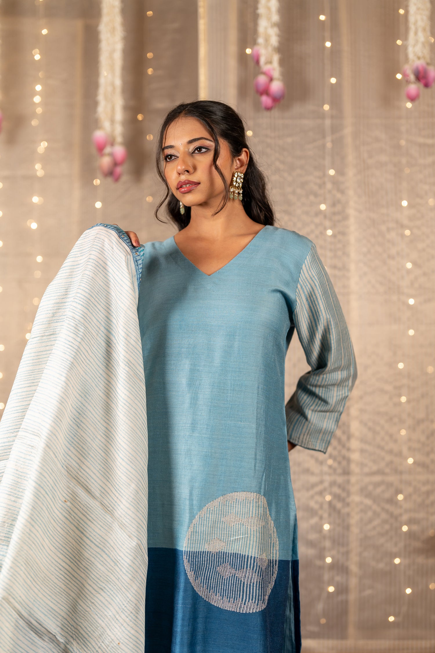 Ira Blue Grey Hand Embroidered Tasar Kurta Set of 3 | Ray Ethnic