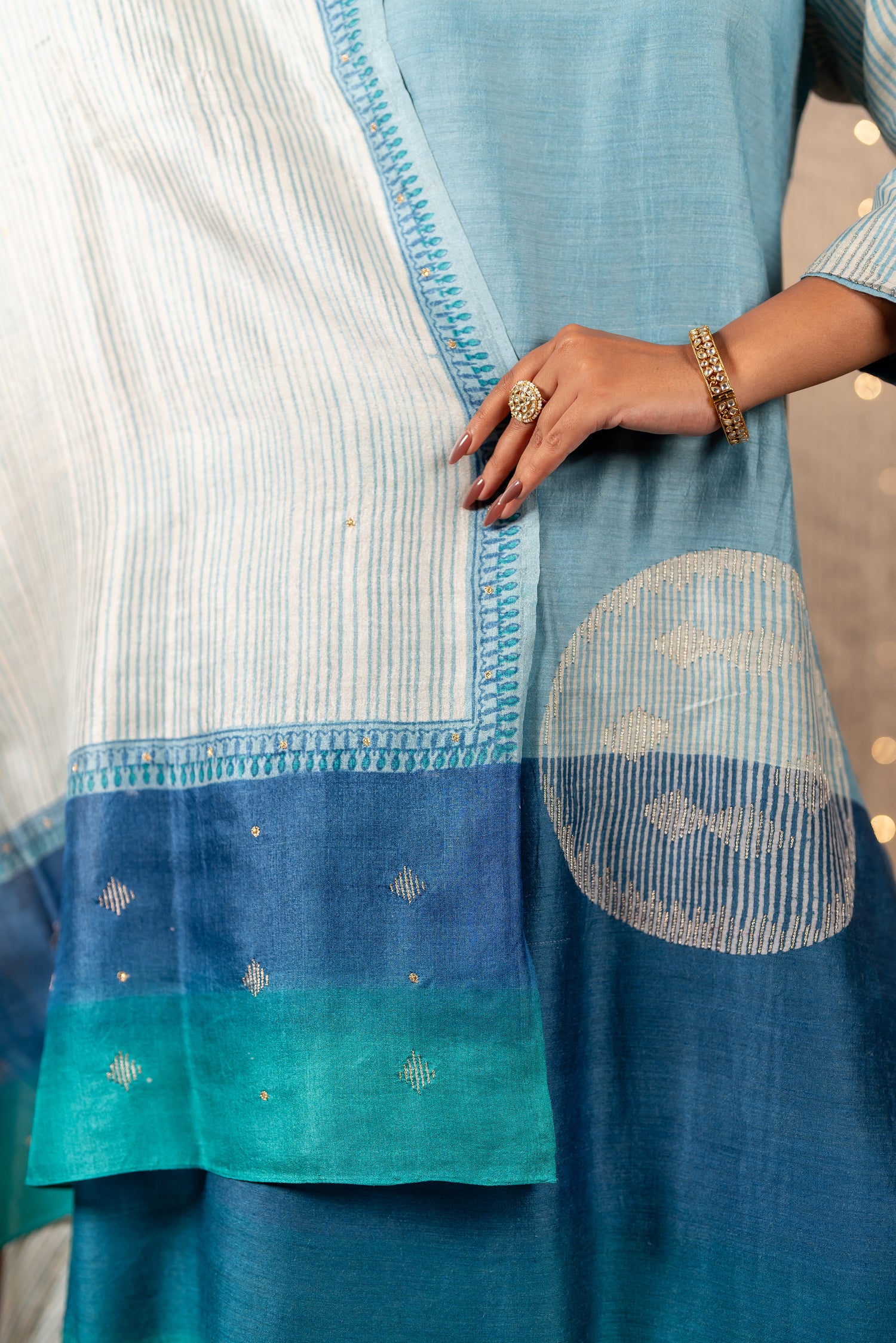 Ira Blue Grey Hand Embroidered Tasar Kurta Set of 3 | Ray Ethnic